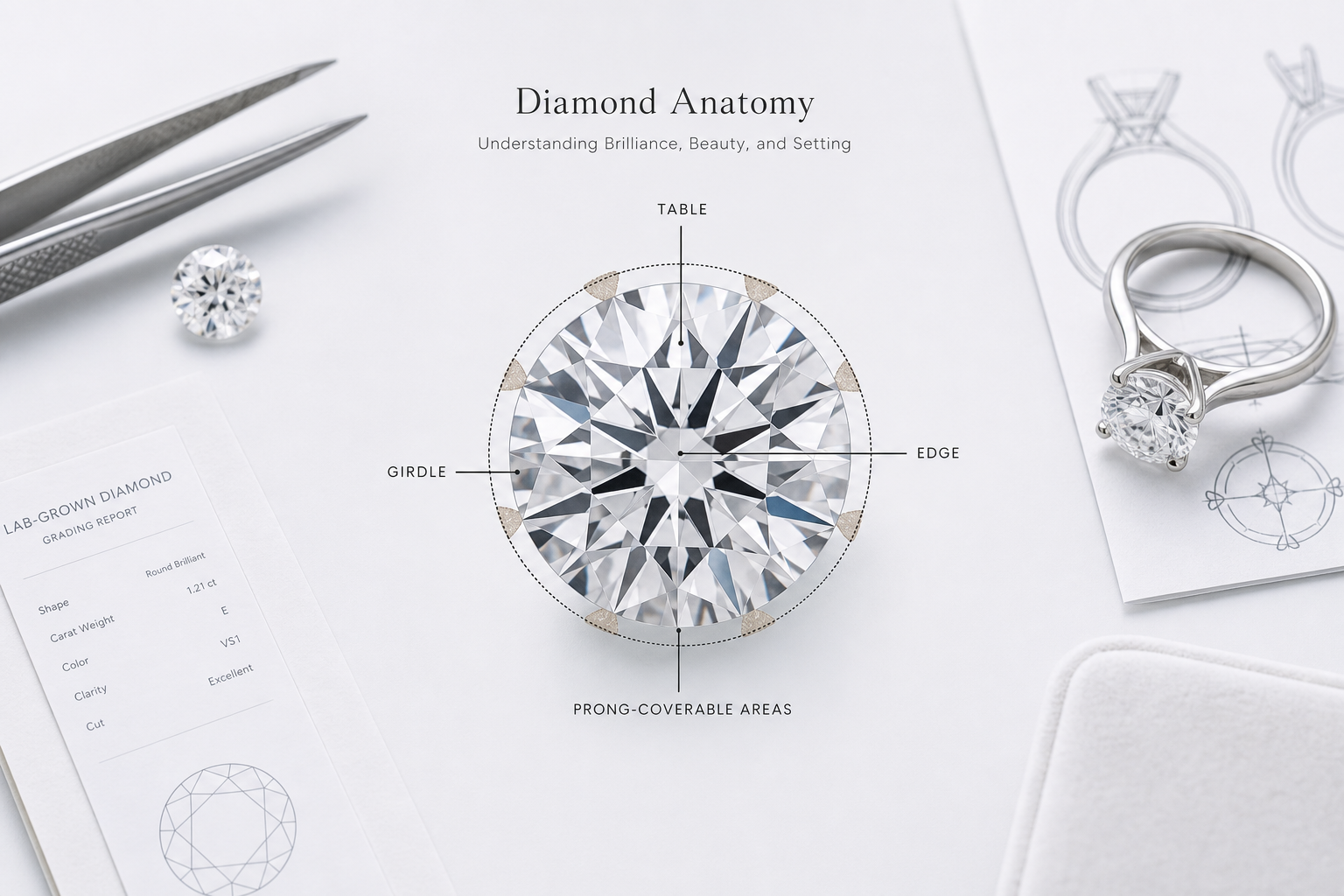 Diagram-style illustration showing a diamond face-up view with table, center, edge, girdle, and prong-coverable areas labeled for inclusion visibility