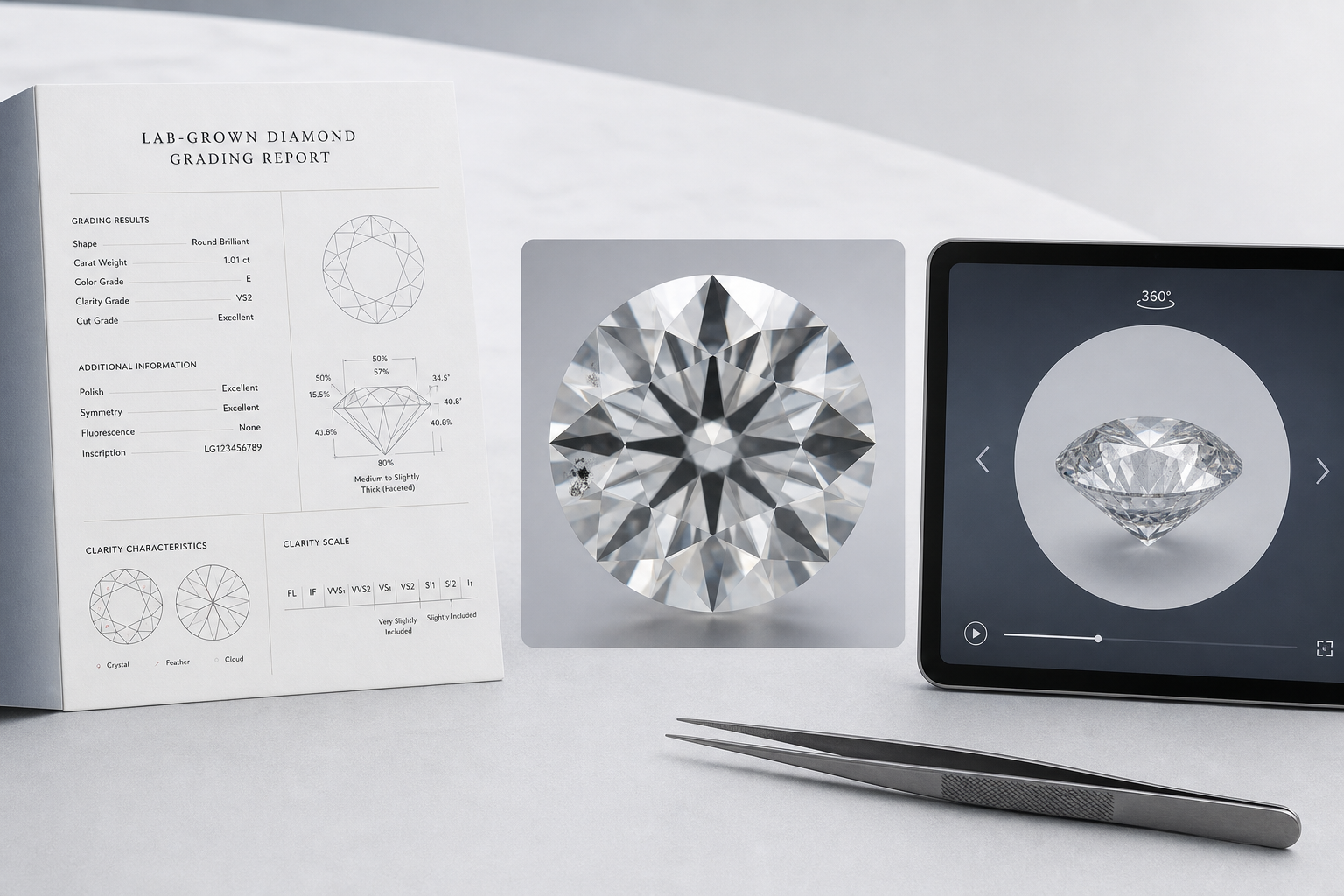 Side-by-side example layout showing a lab-grown diamond grading report, magnified face-up photo, and 360-degree video frame used to evaluate clarity