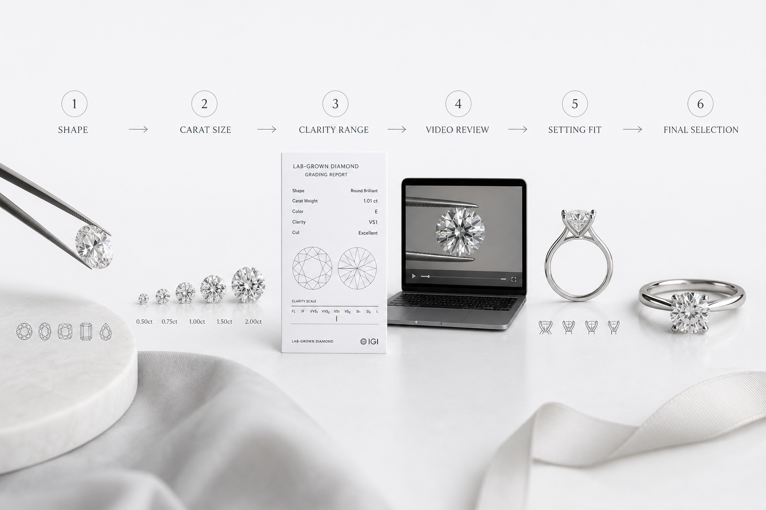 Buyer decision flowchart for choosing an eye-clean lab-grown diamond, moving from shape and carat size to clarity range, video review, setting fit, and final selection