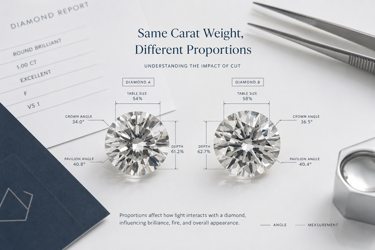 Side-by-side diagram showing two round lab-grown diamonds with the same carat weight but different table, depth, crown angle, and pavilion angle proportions