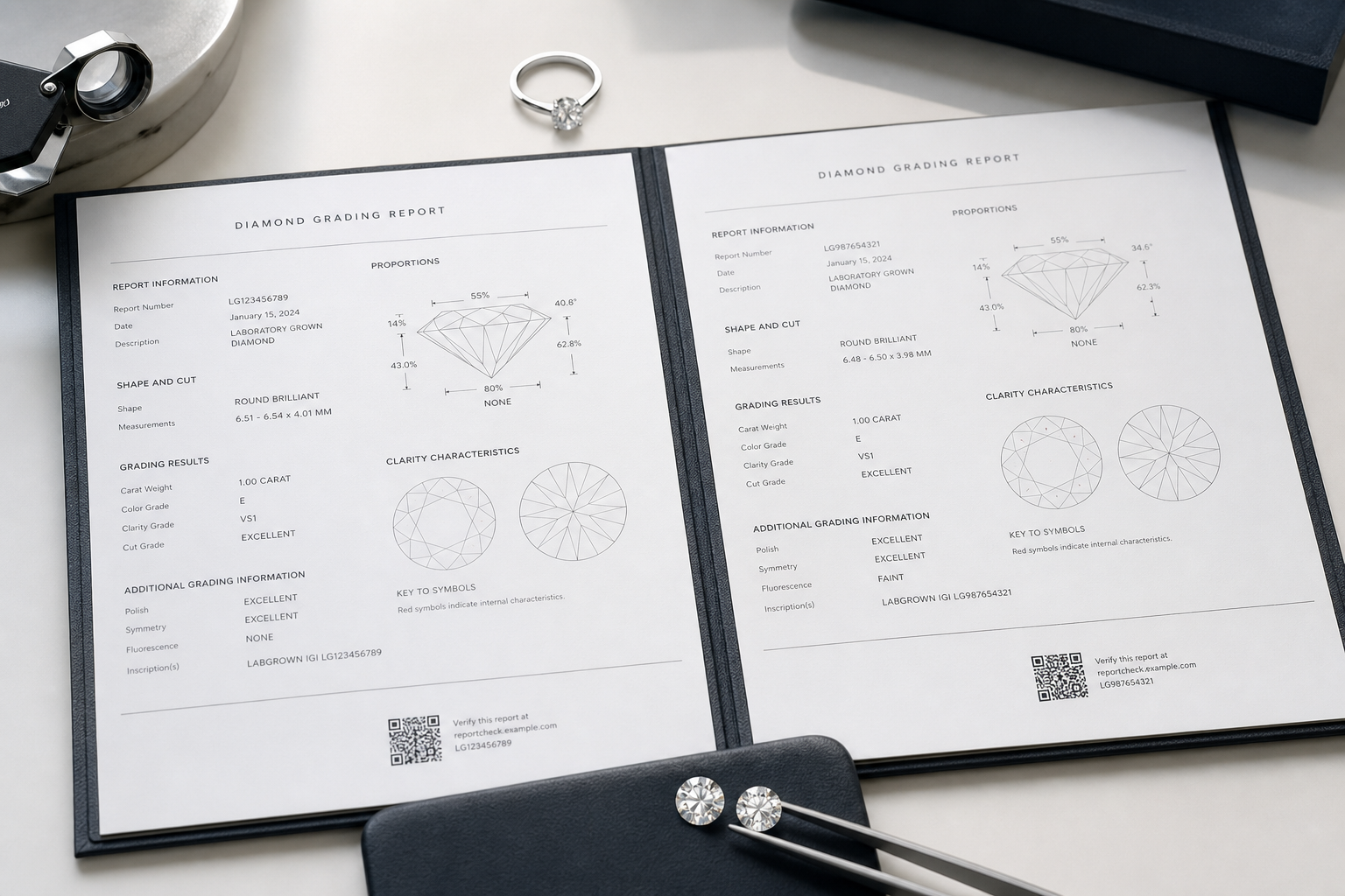 Close-up comparison of two lab-grown diamond grading reports highlighting measurements, proportions, fluorescence, polish, symmetry, and report verification number
