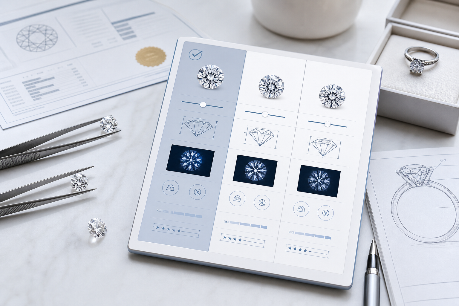 Buyer-facing side-by-side lab-grown diamond comparison scorecard showing measurements, proportions, video review, certificate details, and final value notes