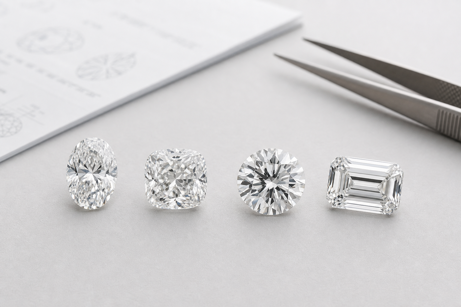 Round brilliant lab-grown diamond shown next to oval, cushion, and emerald lab-grown diamonds to compare sparkle style and face-up appearance