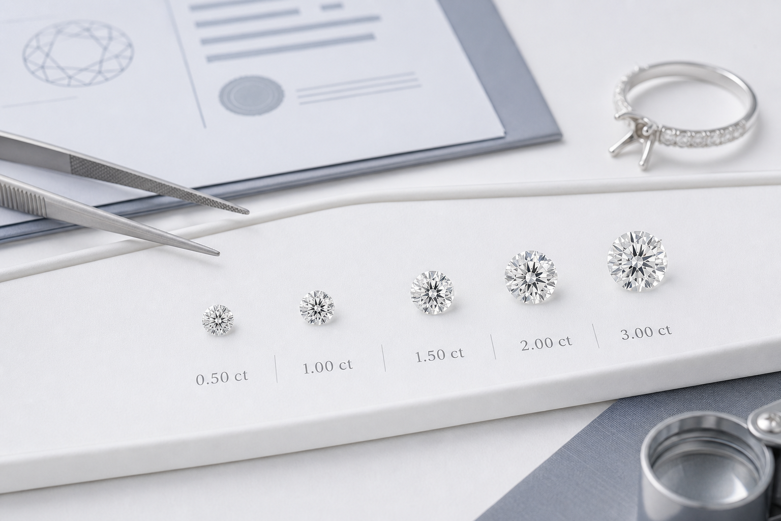 Round lab-grown diamond price comparison with milestone carat weights and visible diameter differences on a clean jewelry display