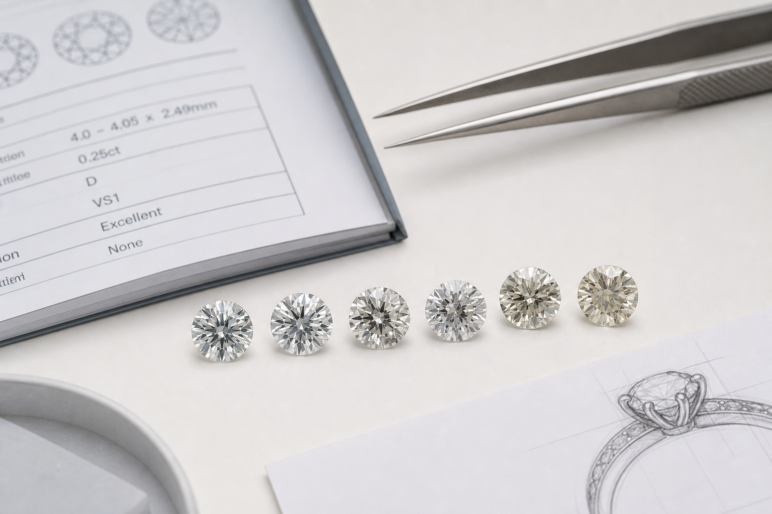 Close-up comparison of round lab-grown diamonds in different color and clarity grades under neutral lighting