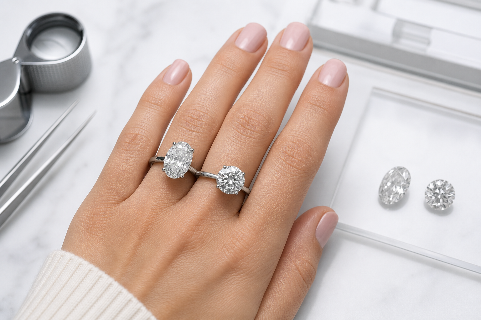 Oval lab-grown diamond shown on a hand next to a round diamond of similar carat weight to compare finger coverage and face-up appearance