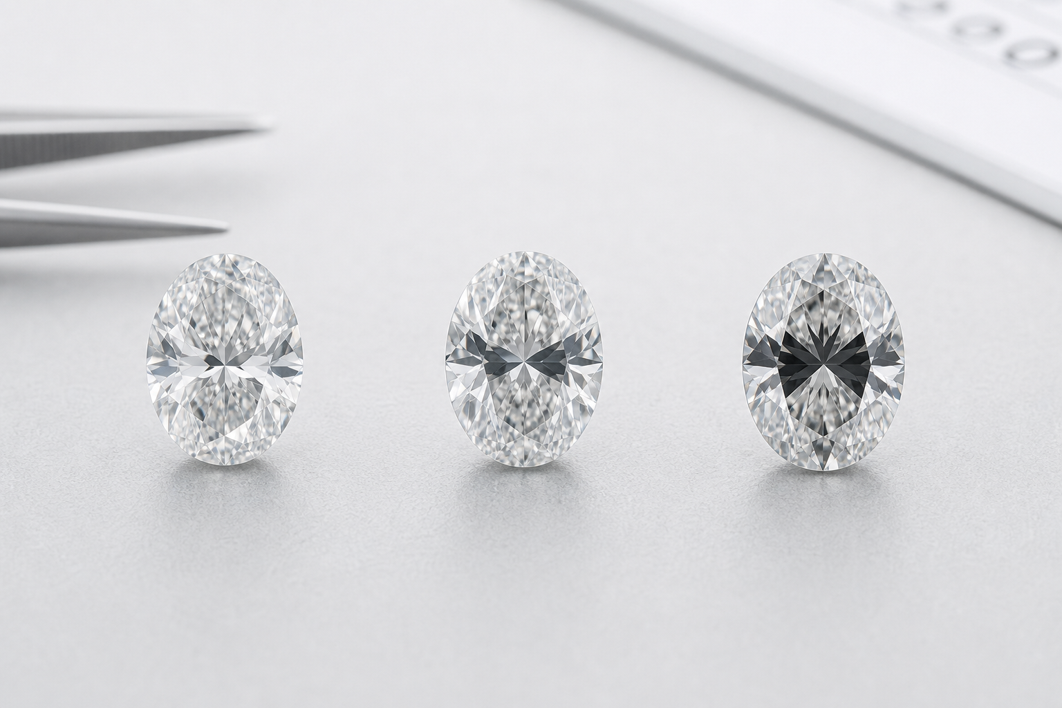 Side-by-side comparison of three oval lab-grown diamonds showing mild, moderate, and strong bow-tie effects