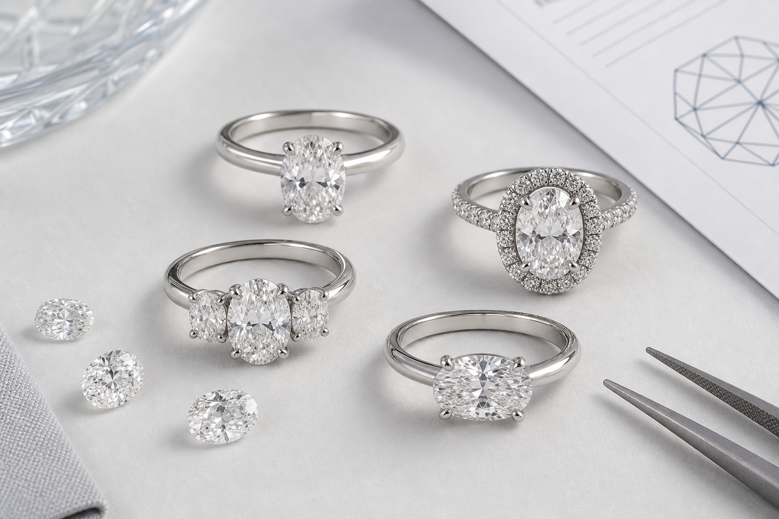 Four oval lab-grown diamond ring settings shown from top view: solitaire, halo, three-stone, and east-west setting