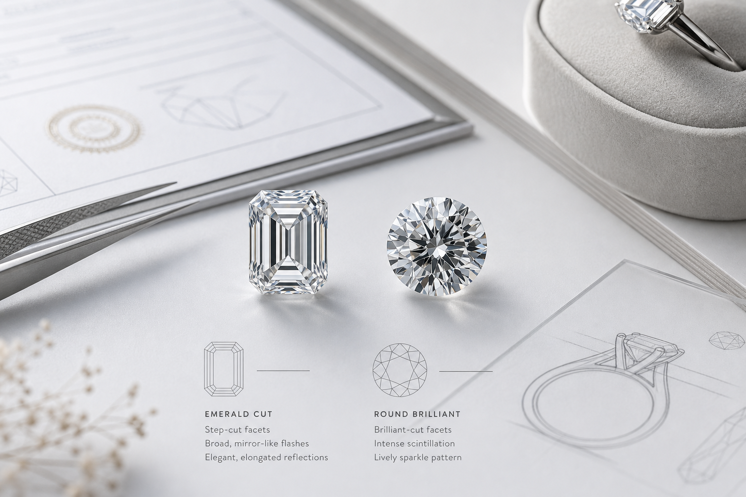 Side-by-side comparison of an emerald cut lab-grown diamond and a round brilliant diamond showing the difference in sparkle pattern and visual flow