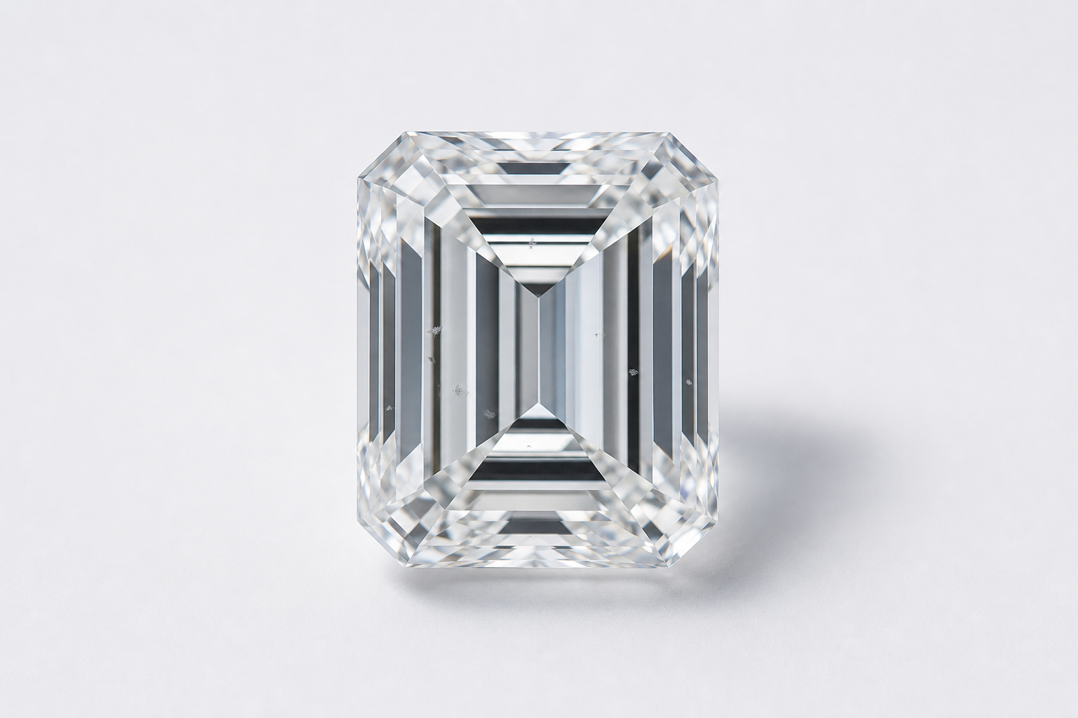 Close-up face-up view of an emerald cut lab-grown diamond showing step facets, corner symmetry, and inclusion visibility under neutral lighting