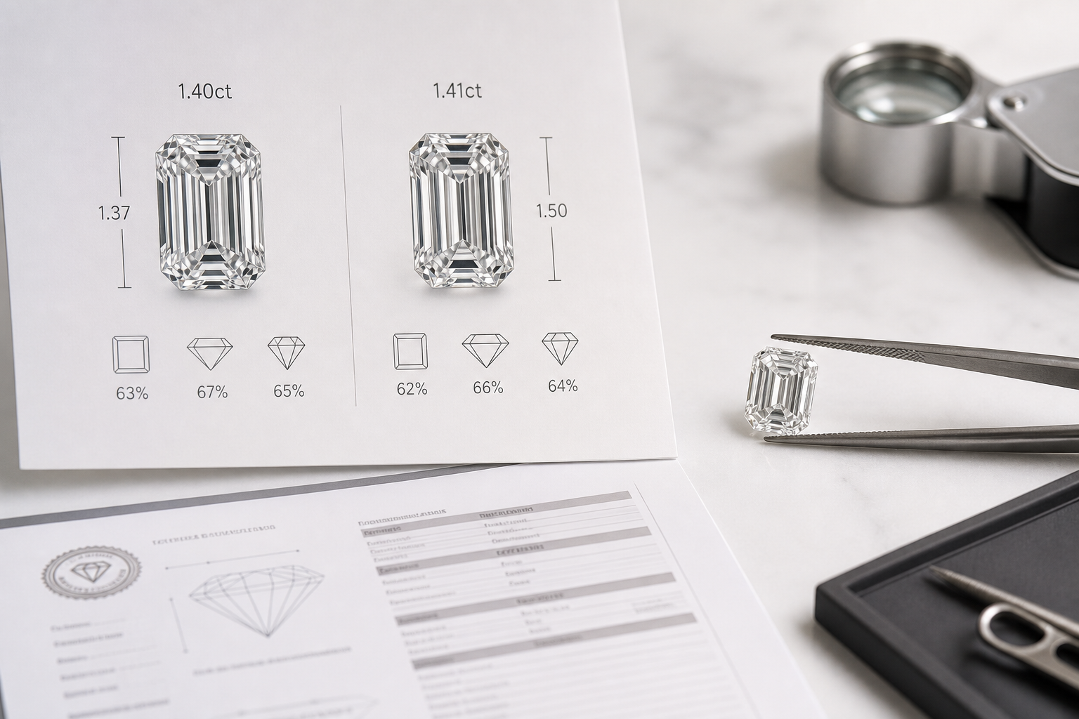 Diamond listing comparison layout showing length-to-width ratio, table, depth, and face-up emerald cut shape side by side on a clean white background