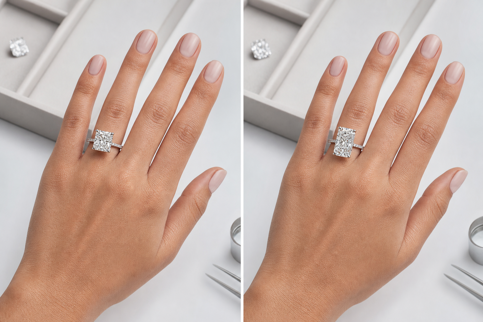 Side-by-side comparison of square and elongated radiant lab-grown diamonds on a hand, showing how ratio changes visual length and finger coverage