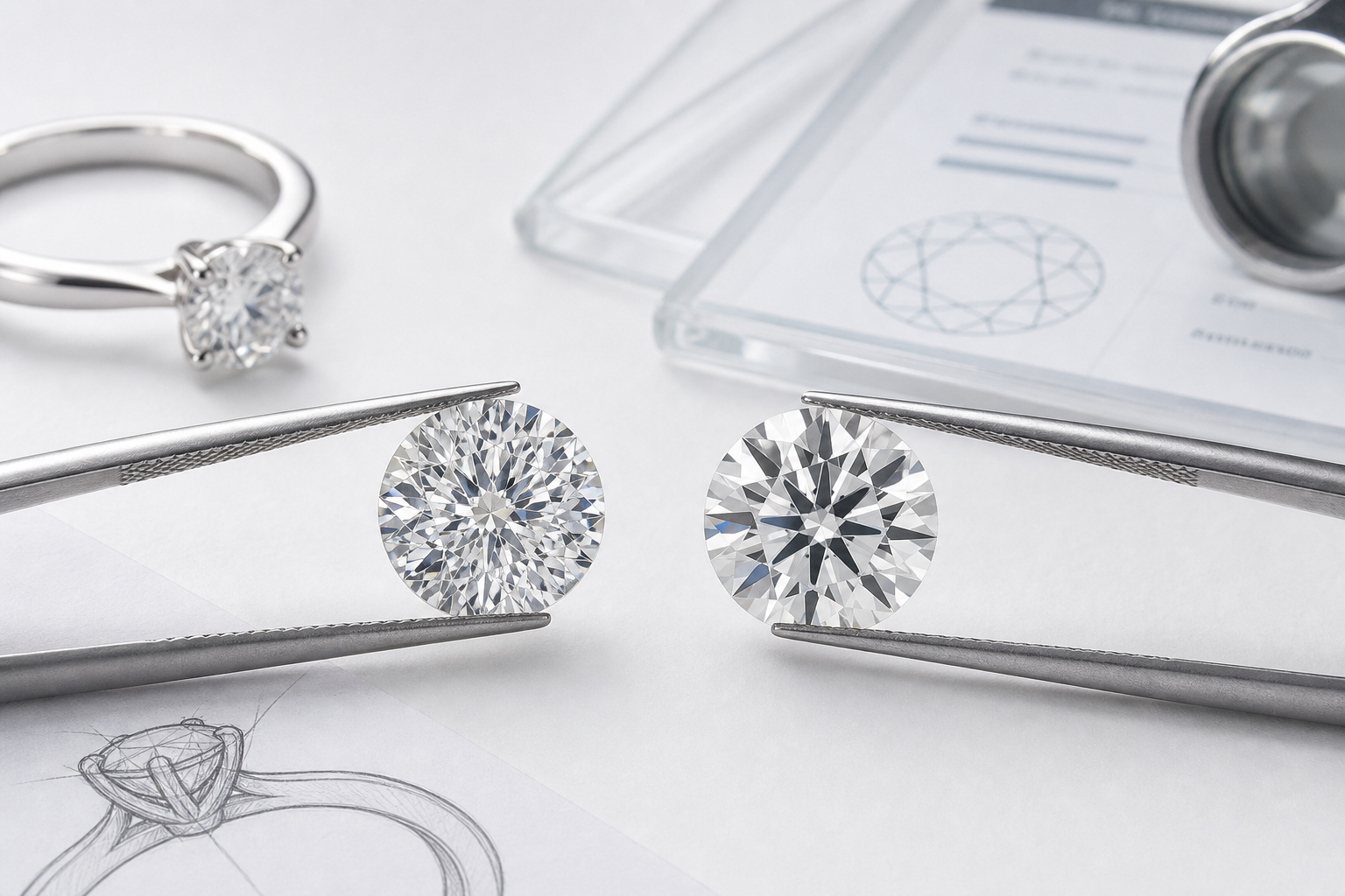 Close-up comparison of a radiant diamond with a crushed-ice sparkle pattern versus one with broader, cleaner flashes of light