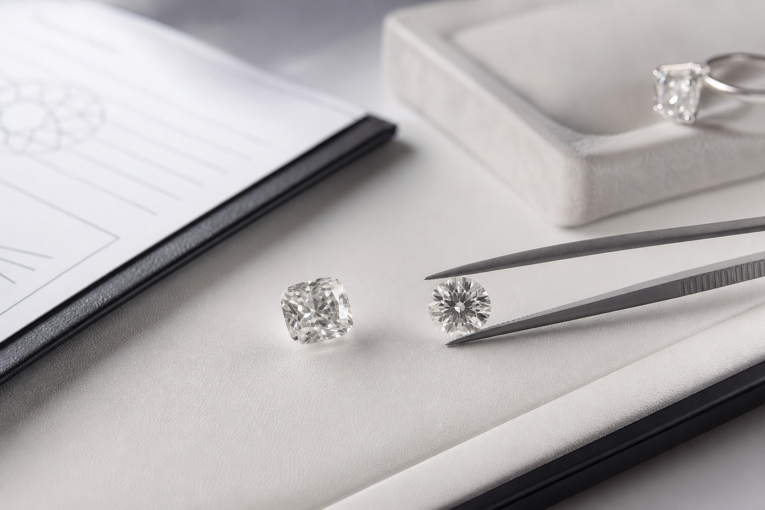 Close-up of a radiant lab-grown diamond in a neutral setting, showing how color, clarity, and face-up appearance can look different under real viewing conditions