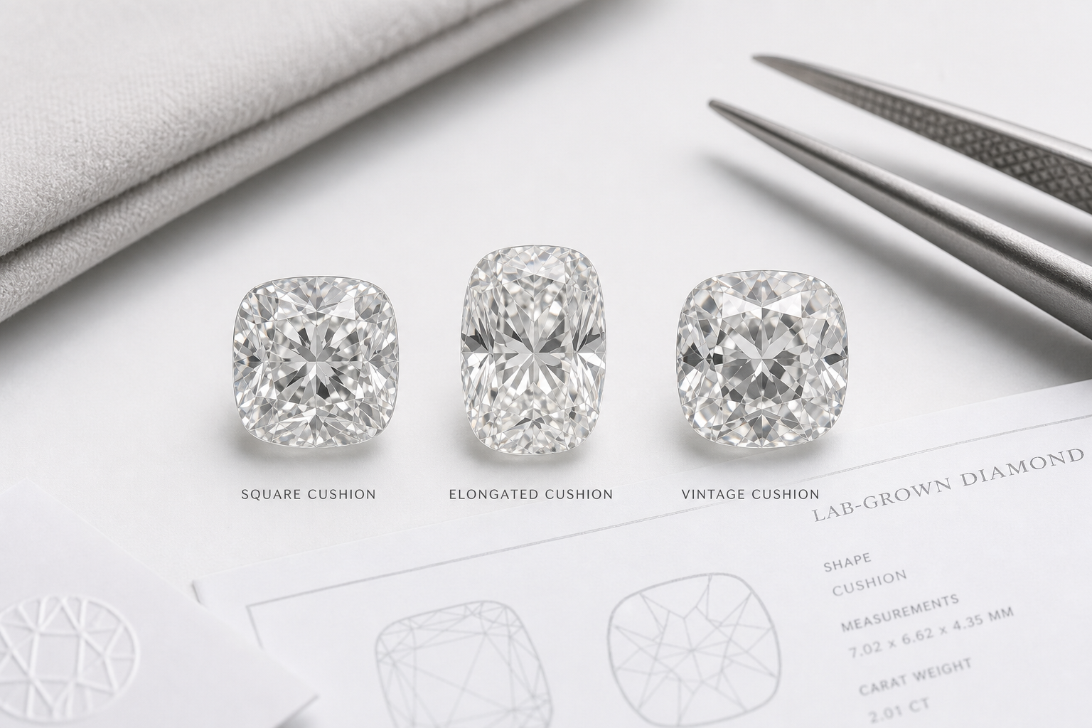 Side-by-side comparison of three cushion lab-grown diamonds showing a square cushion, an elongated cushion, and a softer vintage-style cushion outline