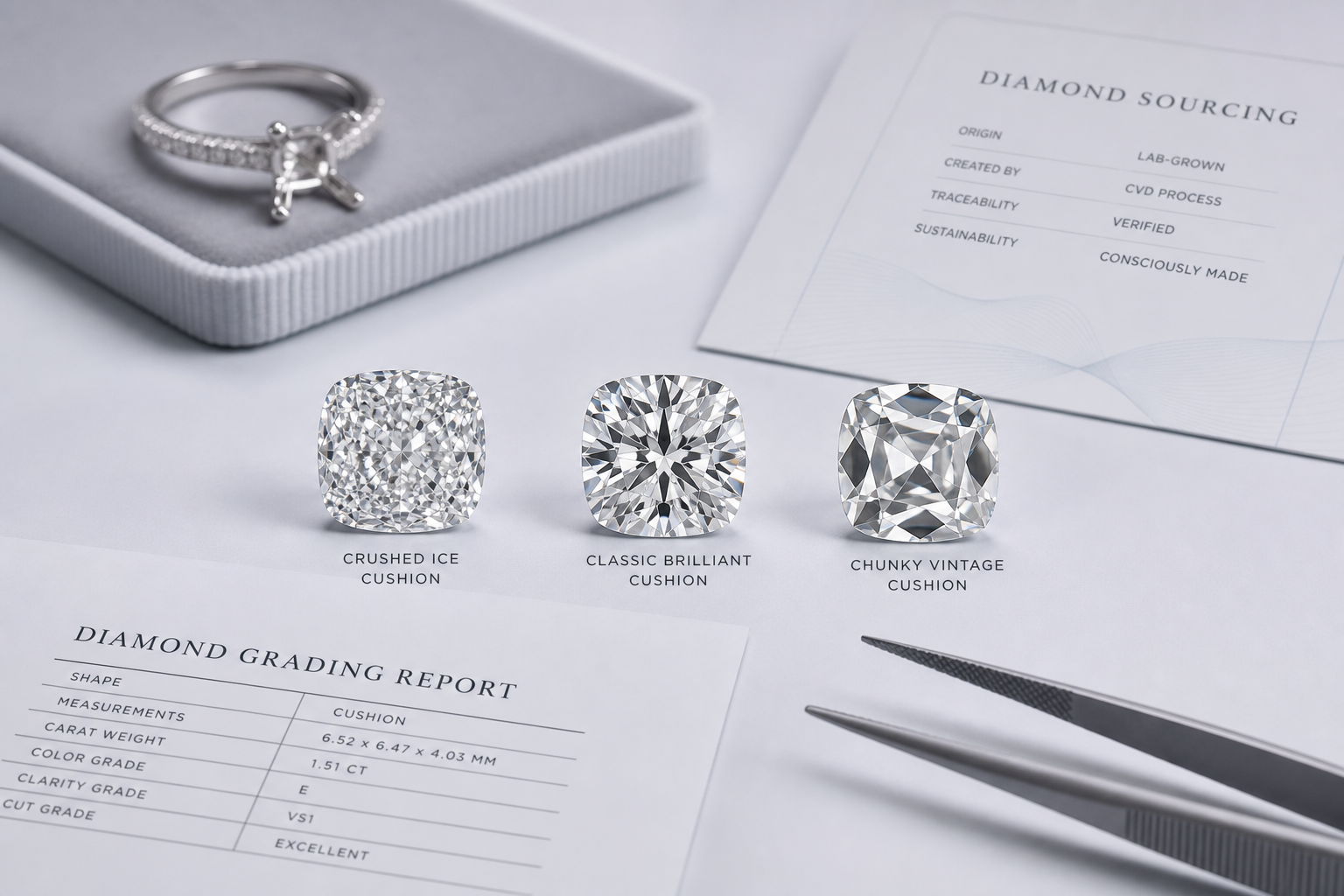 Close-up visual comparison of crushed-ice, brilliant, and chunky vintage-style cushion diamond facet patterns