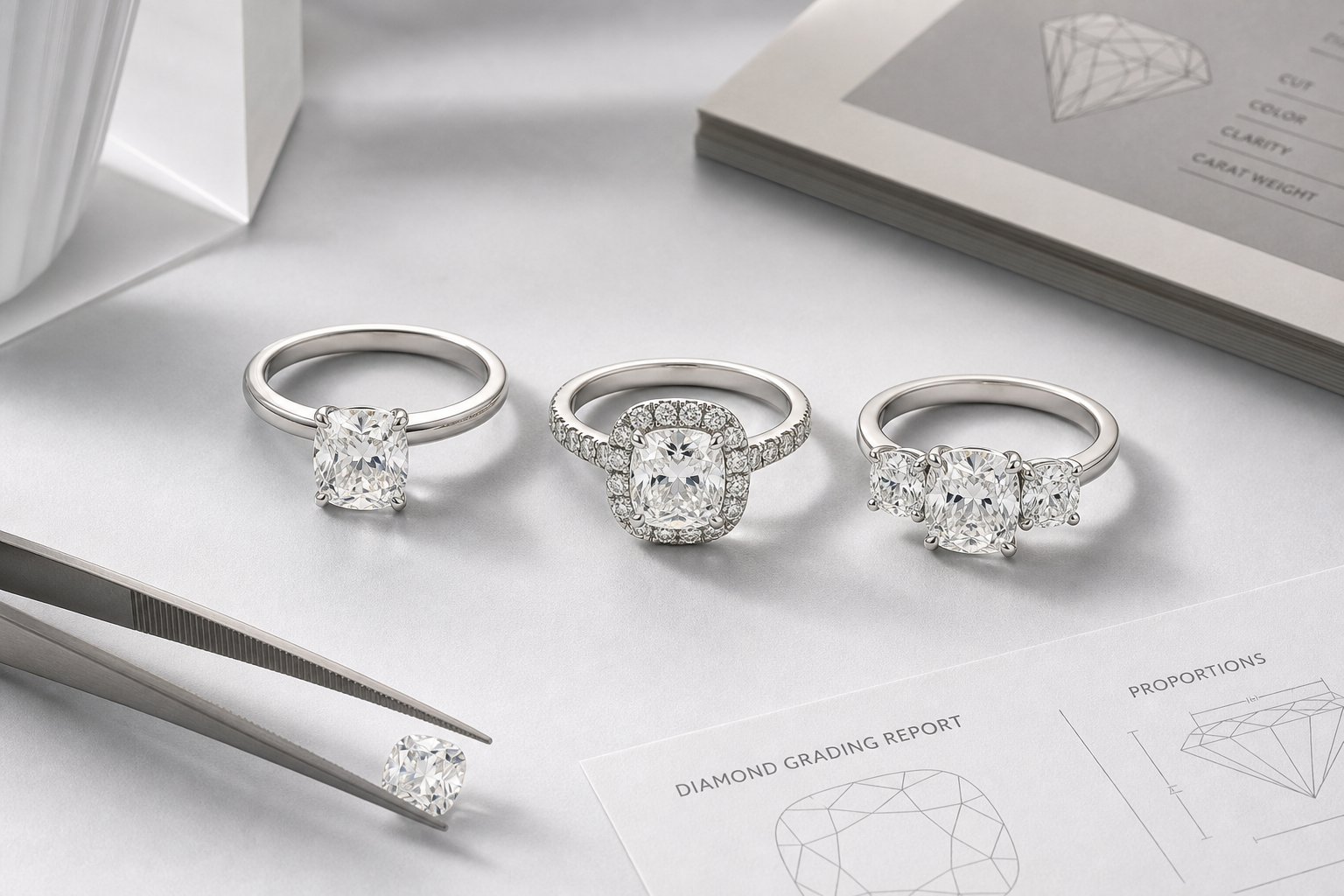 Cushion lab-grown diamond engagement ring setting comparison showing solitaire, halo, and three-stone designs