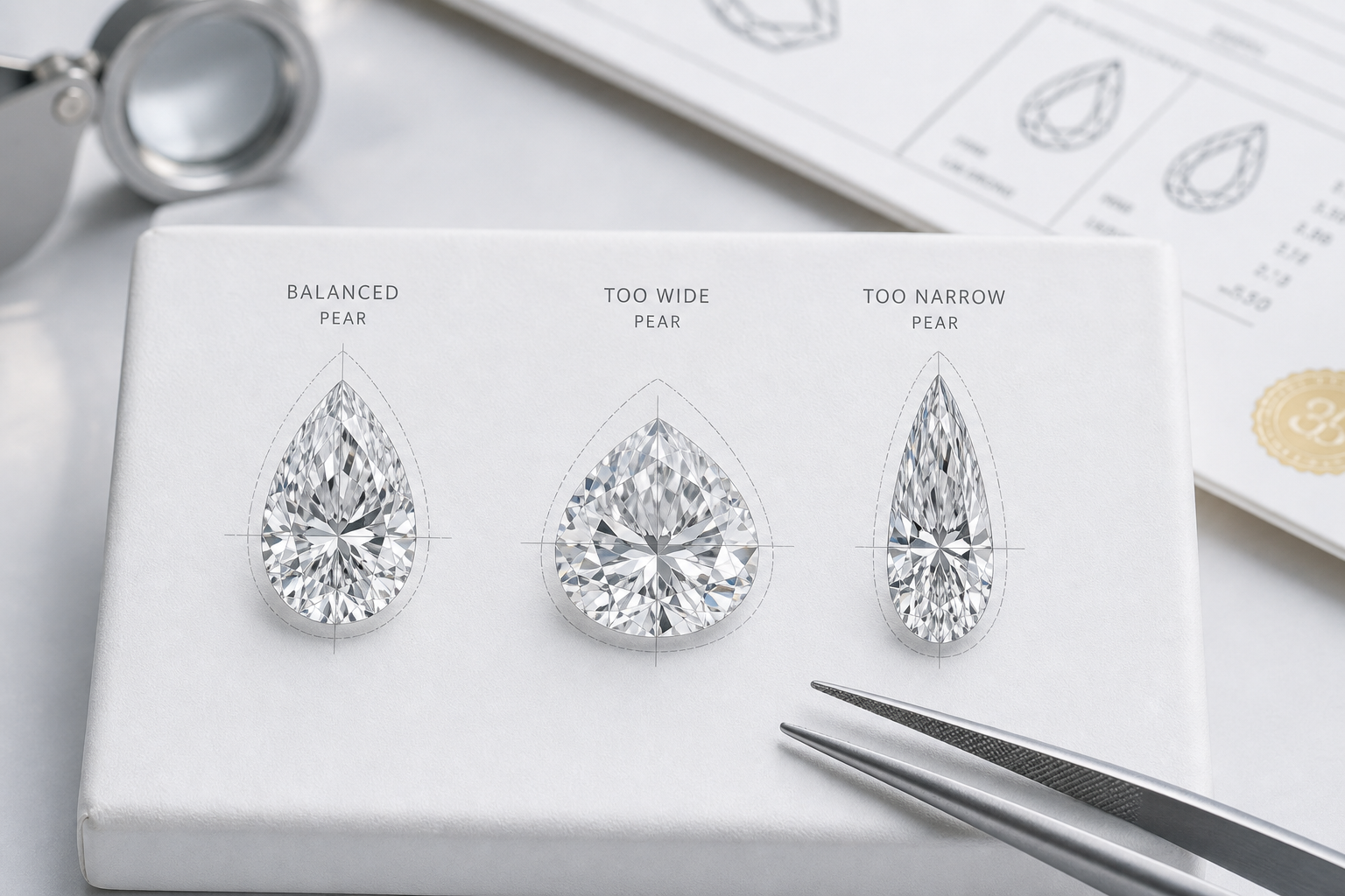 Side-by-side comparison of three pear lab-grown diamonds showing balanced, too-wide, and too-narrow teardrop outlines