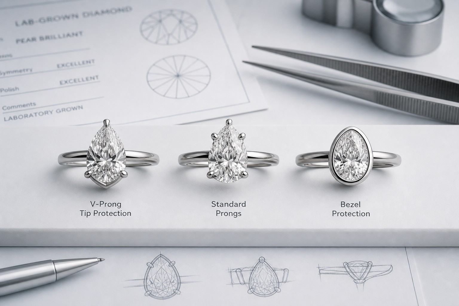 Close-up illustration of pear diamond ring settings showing V-prong tip protection, standard prongs, and bezel protection