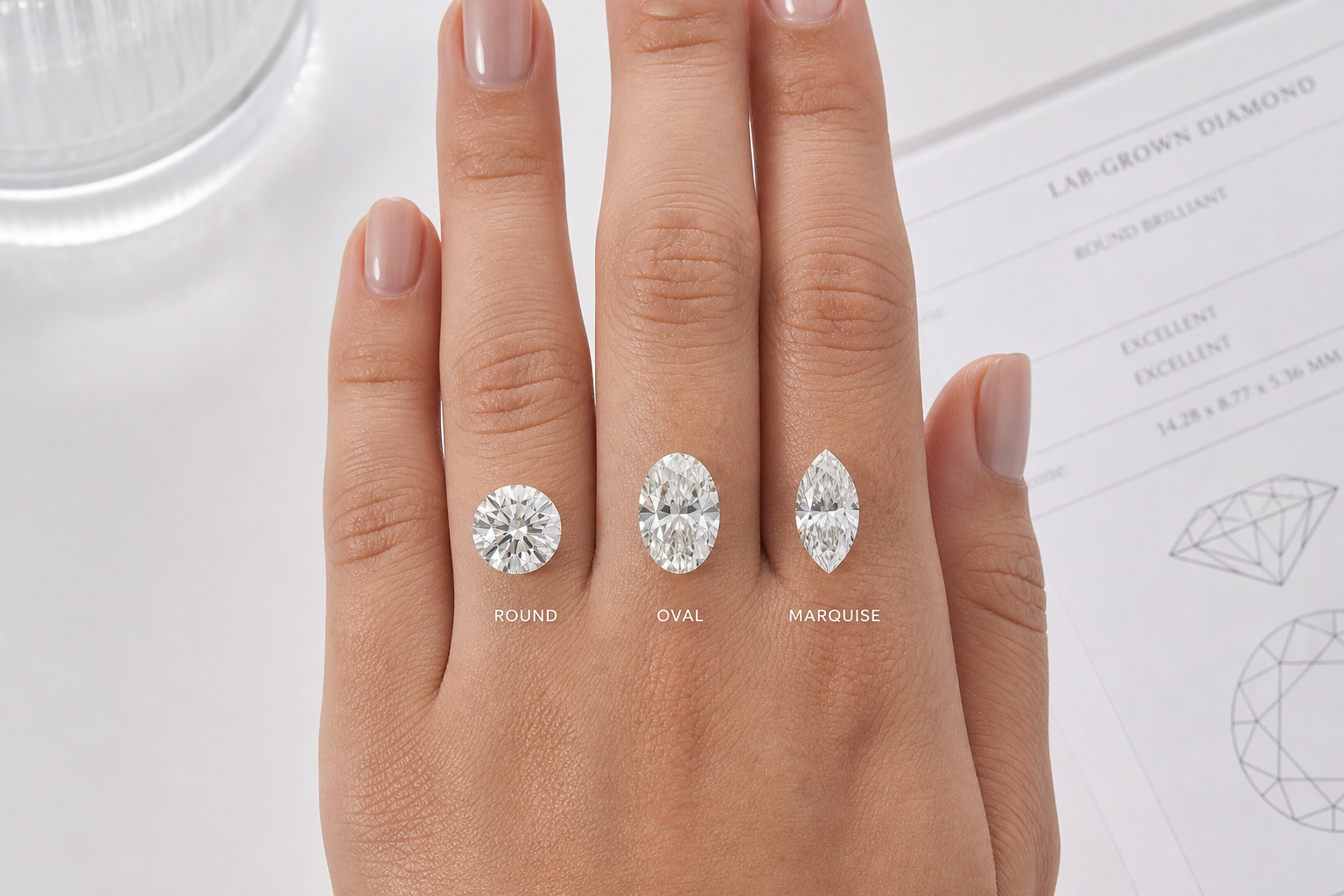 Side-by-side hand view comparing round, oval, and marquise lab-grown diamonds of similar carat weight to show finger coverage differences