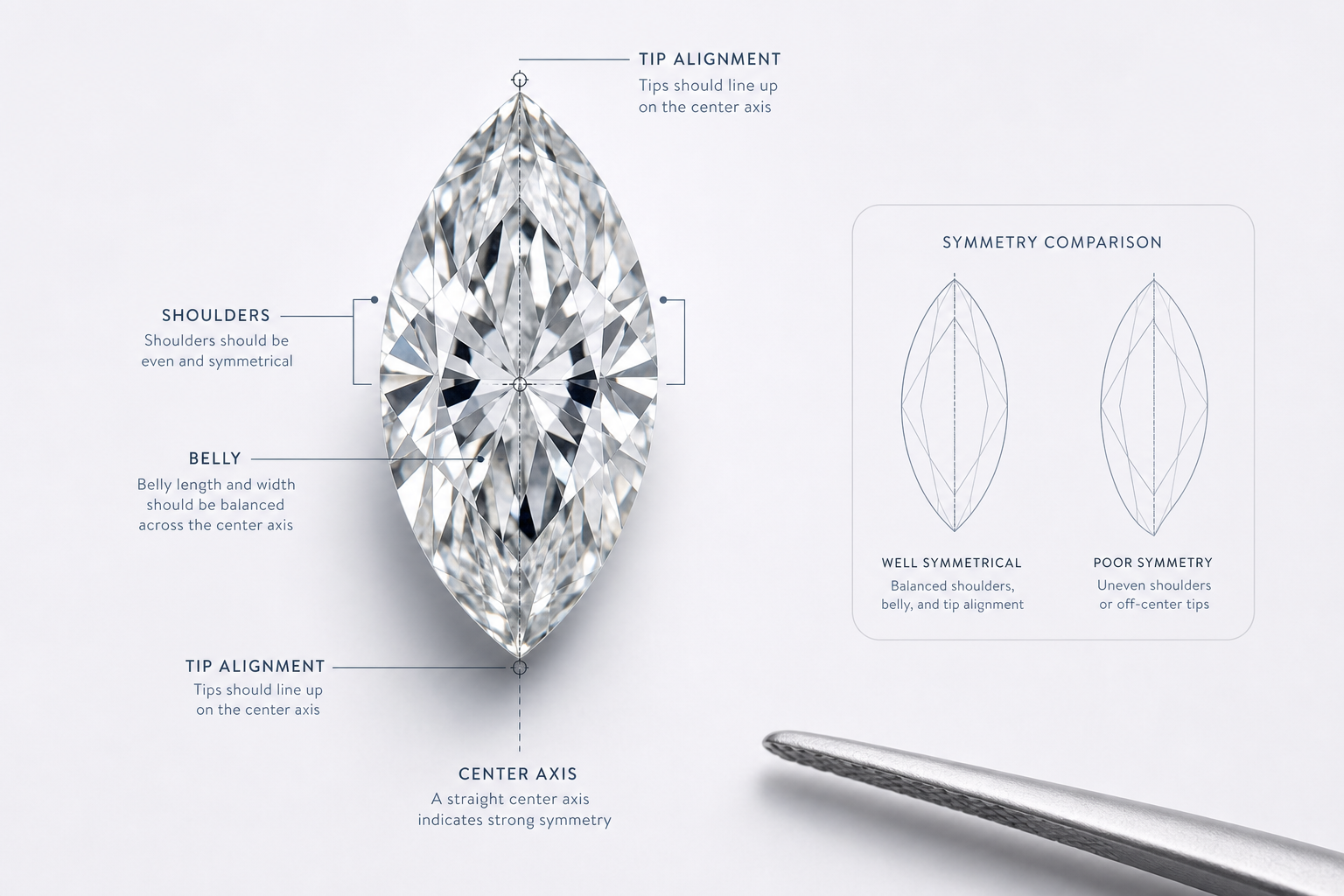 Annotated marquise diamond outline showing tip alignment, shoulders, belly, and center axis for symmetry review