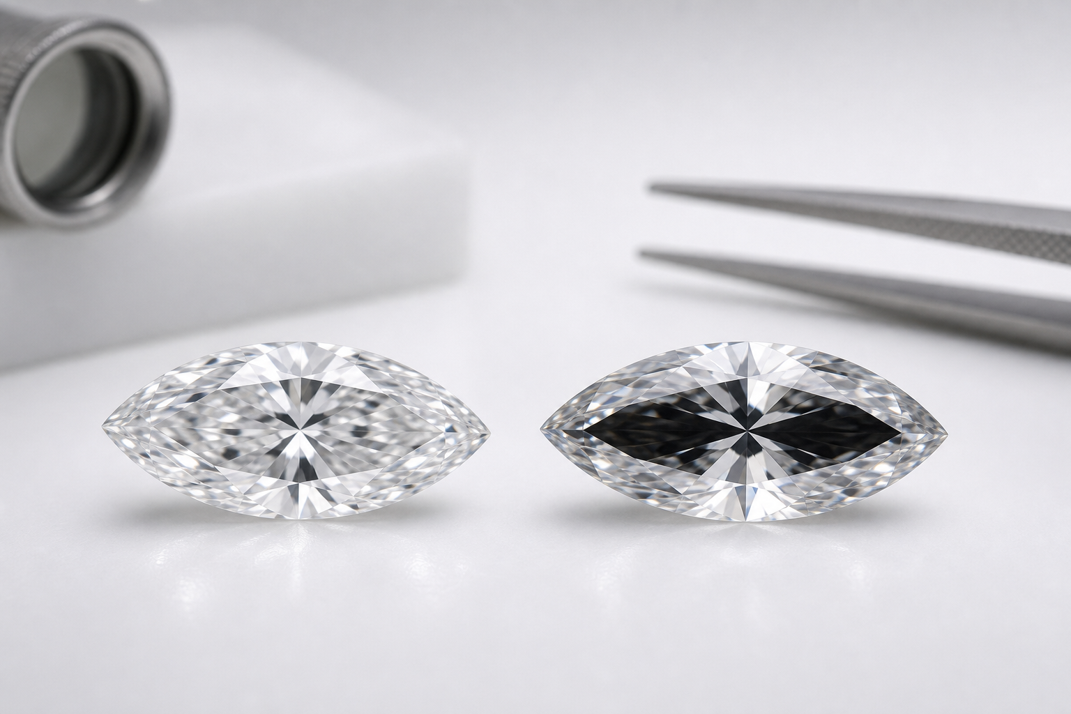 Close-up comparison of marquise lab-grown diamonds showing mild center contrast versus a heavy dark bow tie across the middle