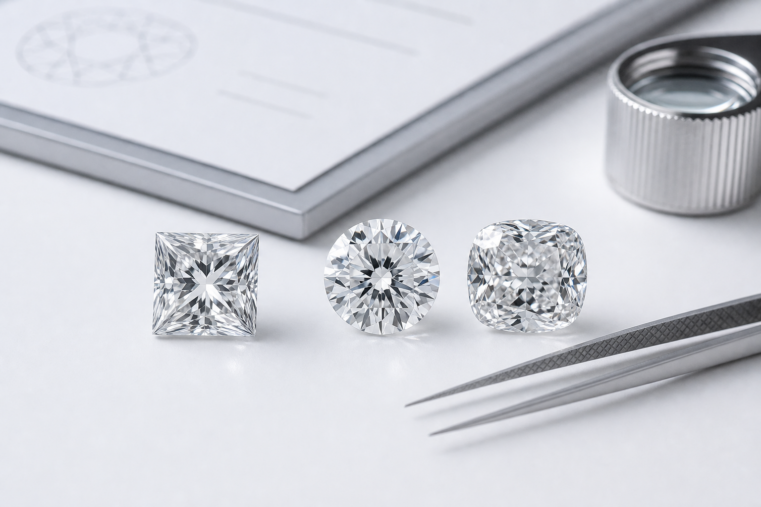 Close-up comparison of a princess cut lab-grown diamond beside round and cushion cut diamonds, showing the square outline, sharp corners, and different sparkle patterns