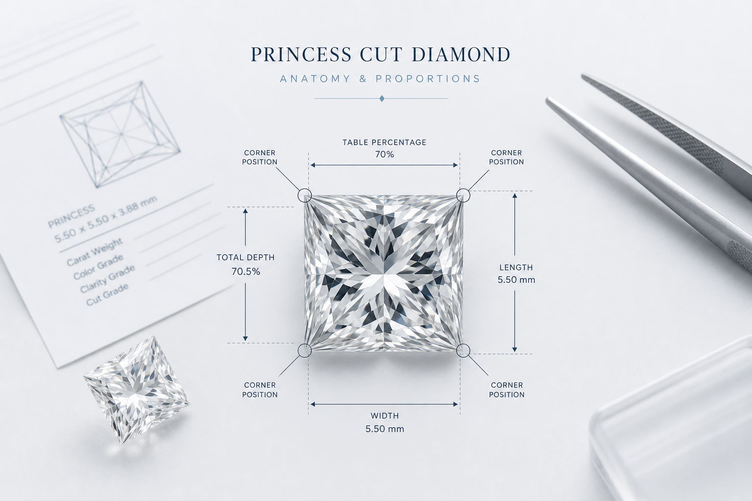 Annotated princess cut diamond diagram showing table percentage, total depth, length, width, and corner positions