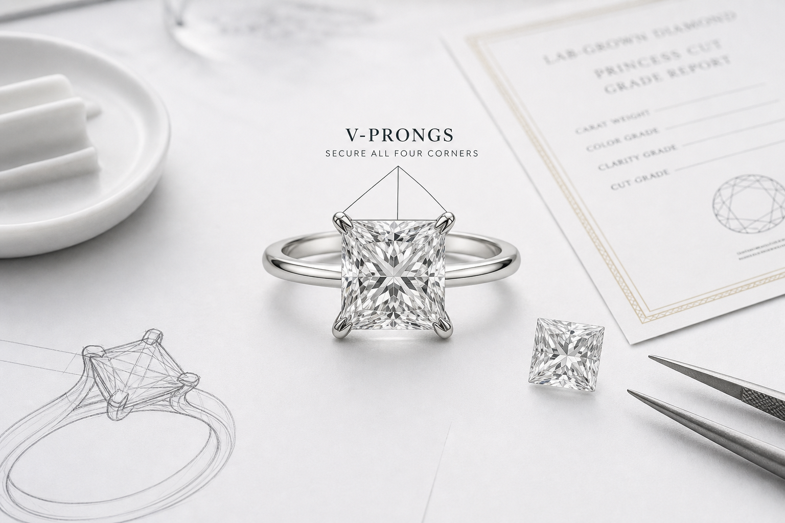 Princess cut engagement ring setting diagram showing V-prongs protecting all four sharp corners of the diamond