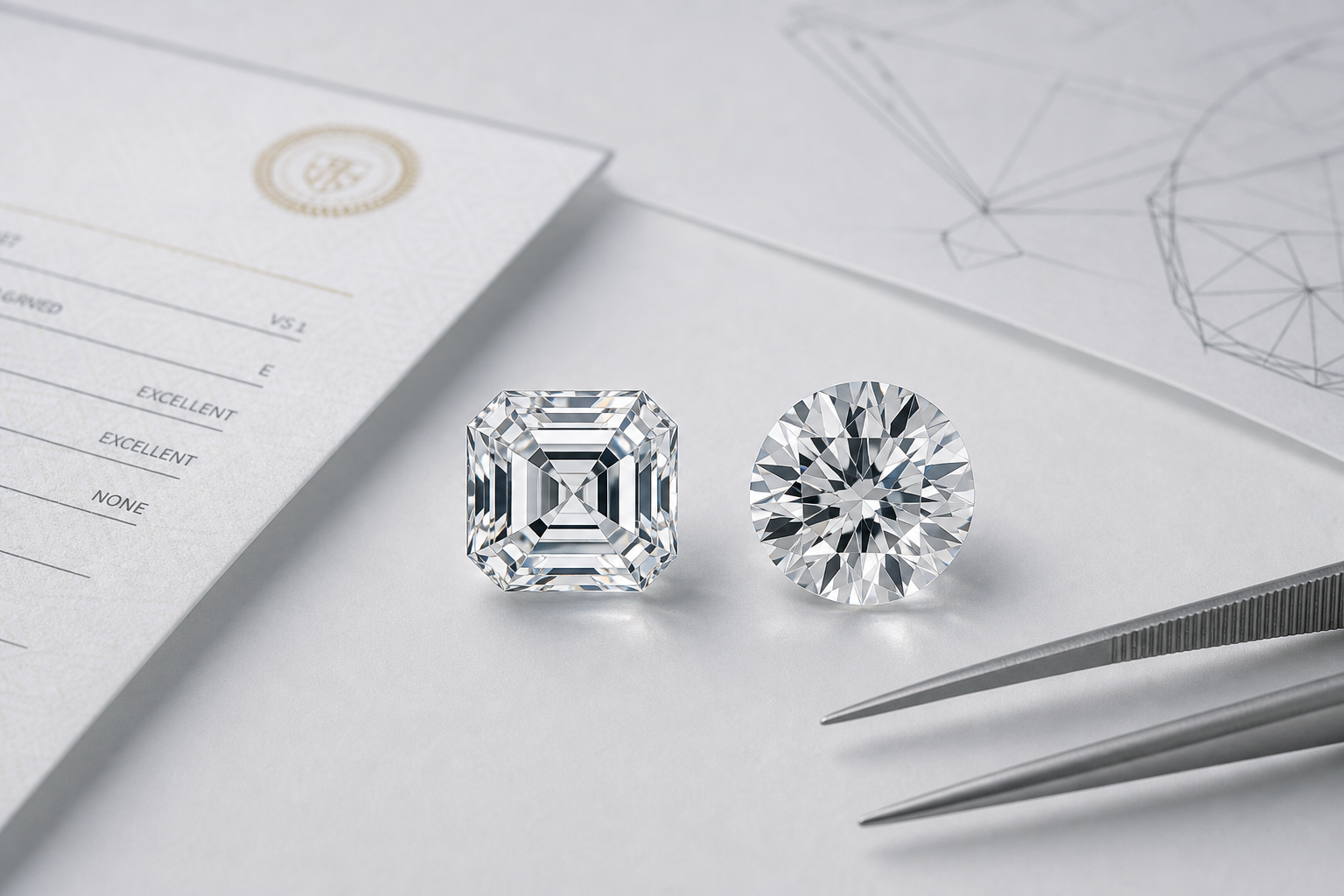 Close-up comparison showing an Asscher lab-grown diamond with cropped corners and step facets beside a round brilliant diamond to illustrate the difference between broad reflections and bright sparkle
