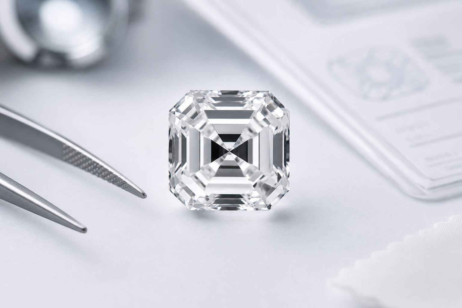 Face-up Asscher lab-grown diamond showing a centered windmill pattern, concentric step facets, and balanced light-dark contrast