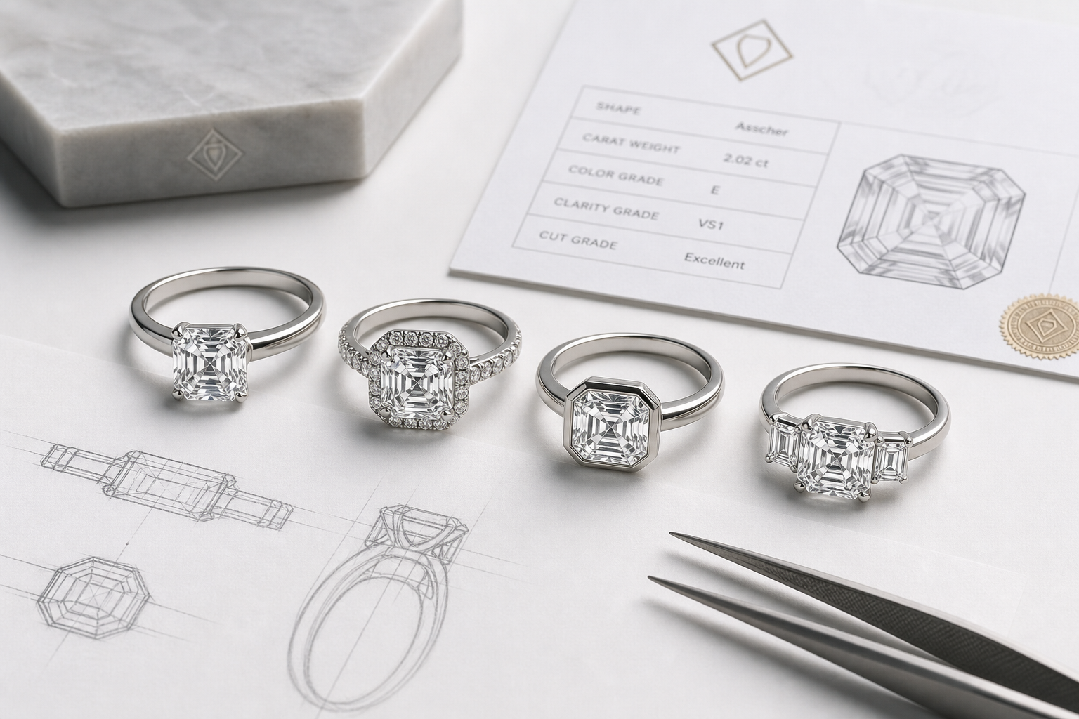 Asscher lab-grown diamond engagement ring setting options including solitaire, halo, bezel, and Art Deco-inspired three-stone designs