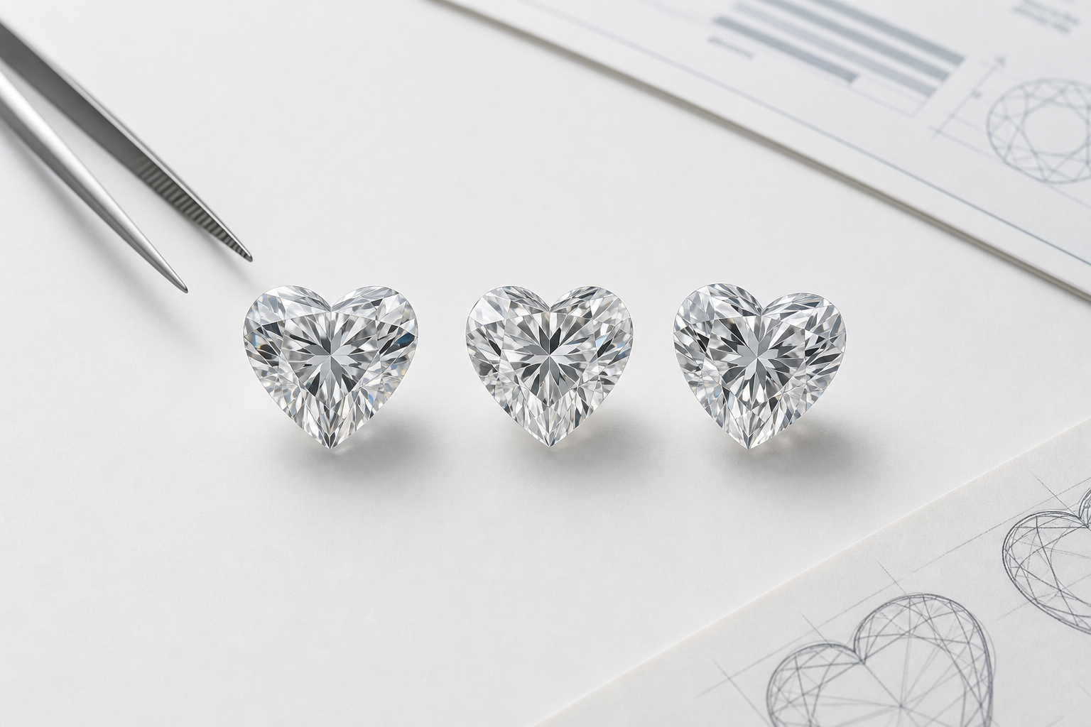 Face-up comparison of three heart-shaped lab-grown diamonds showing a balanced heart outline, a weak cleft, and uneven lobes