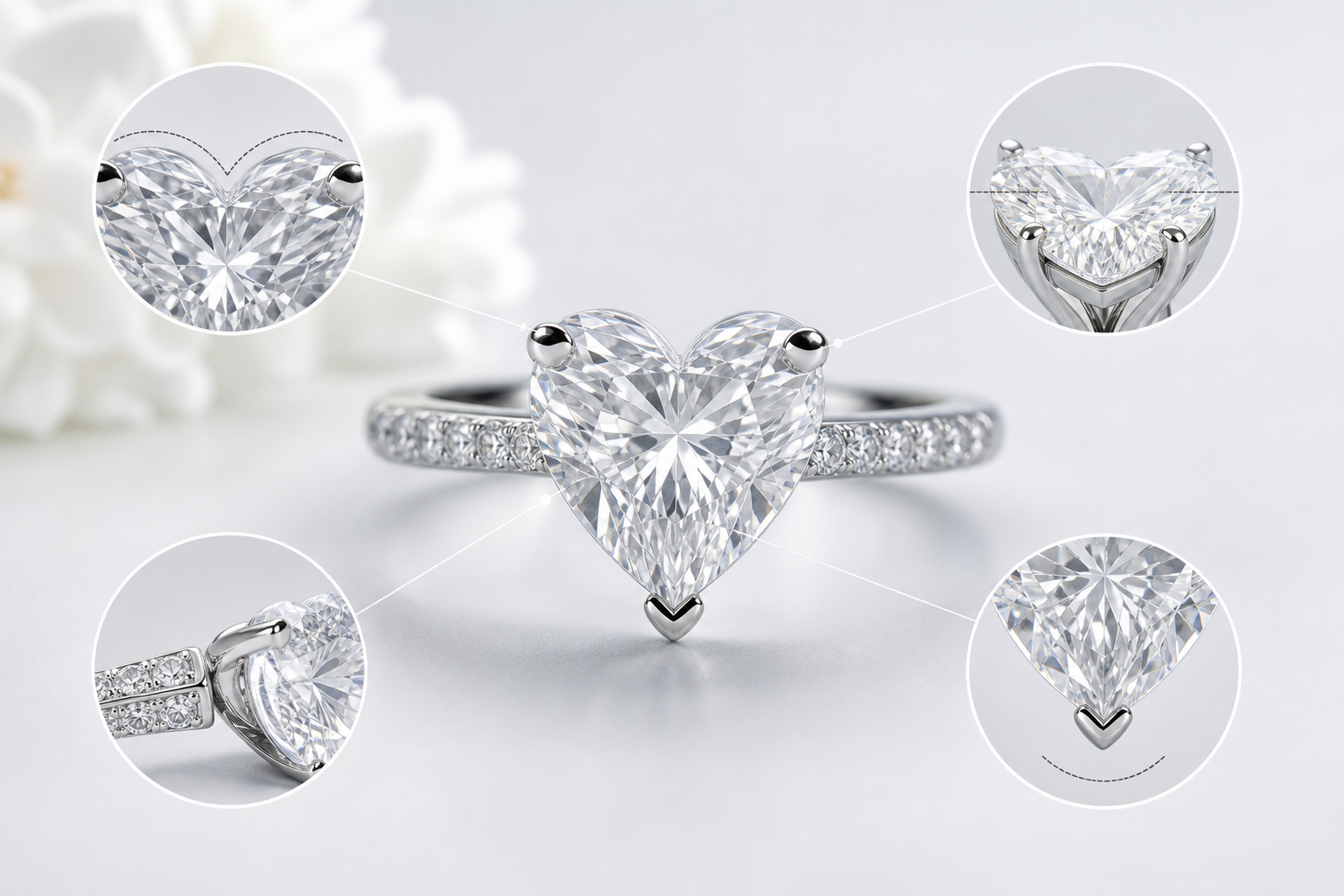 Heart-shaped lab-grown diamond ring setting diagram showing cleft visibility, lobe balance, prong placement, and protected point