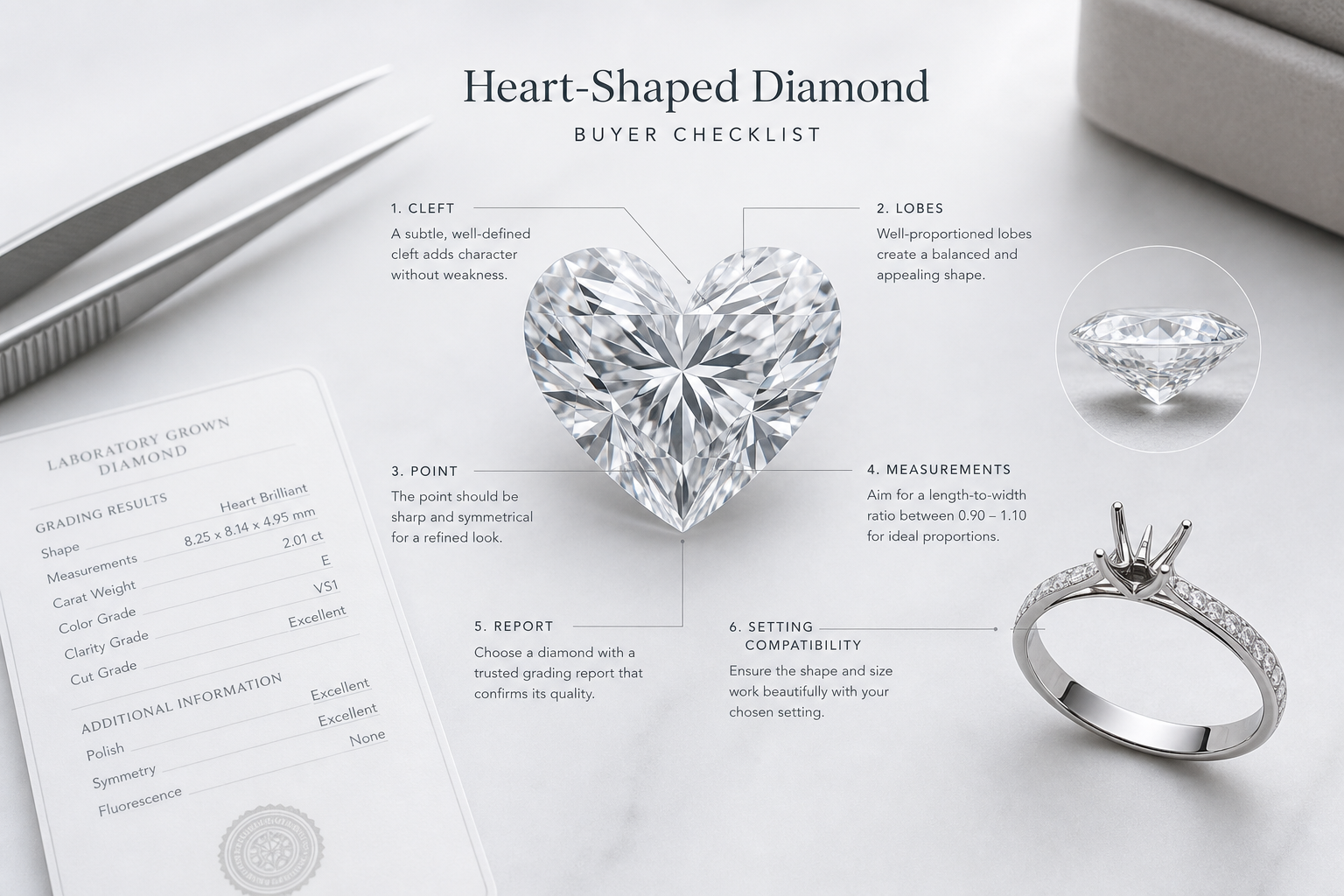 Buyer checklist graphic for evaluating a heart-shaped lab-grown diamond, including cleft, lobes, point, measurements, report, and setting compatibility
