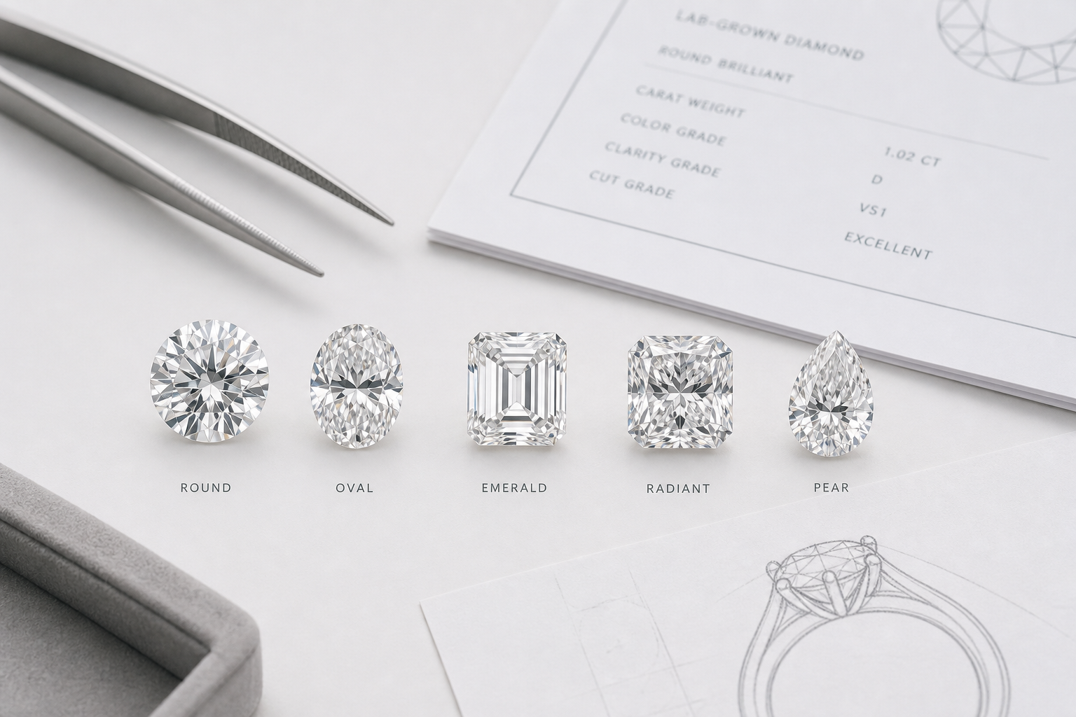 Side-by-side comparison of loose lab-grown diamonds in different shapes, showing round, oval, emerald, radiant, and pear cuts before they are placed into settings