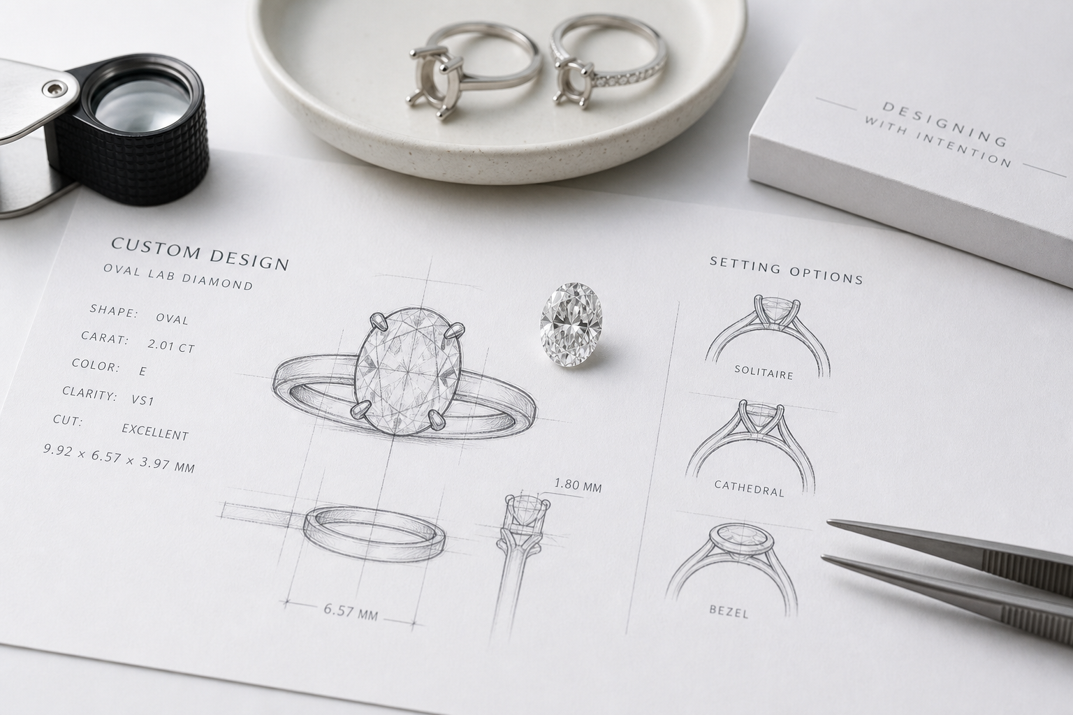 Custom engagement ring design sketch showing a selected loose oval lab-grown diamond with measurement notes and setting options