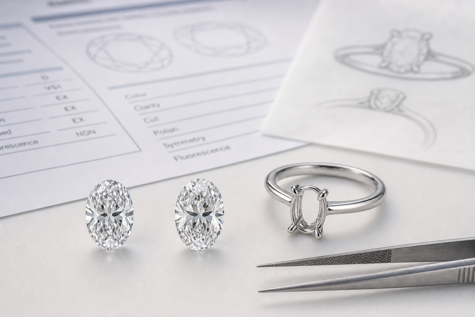 Visual comparison of two oval lab-grown diamonds with different length-to-width ratios placed next to the same solitaire ring design