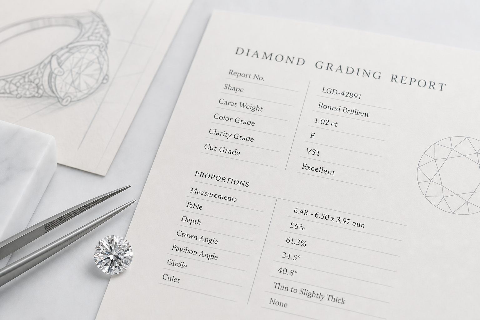 Close-up comparison of a loose lab-grown diamond beside a grading report showing report number, shape, carat weight, and measurements