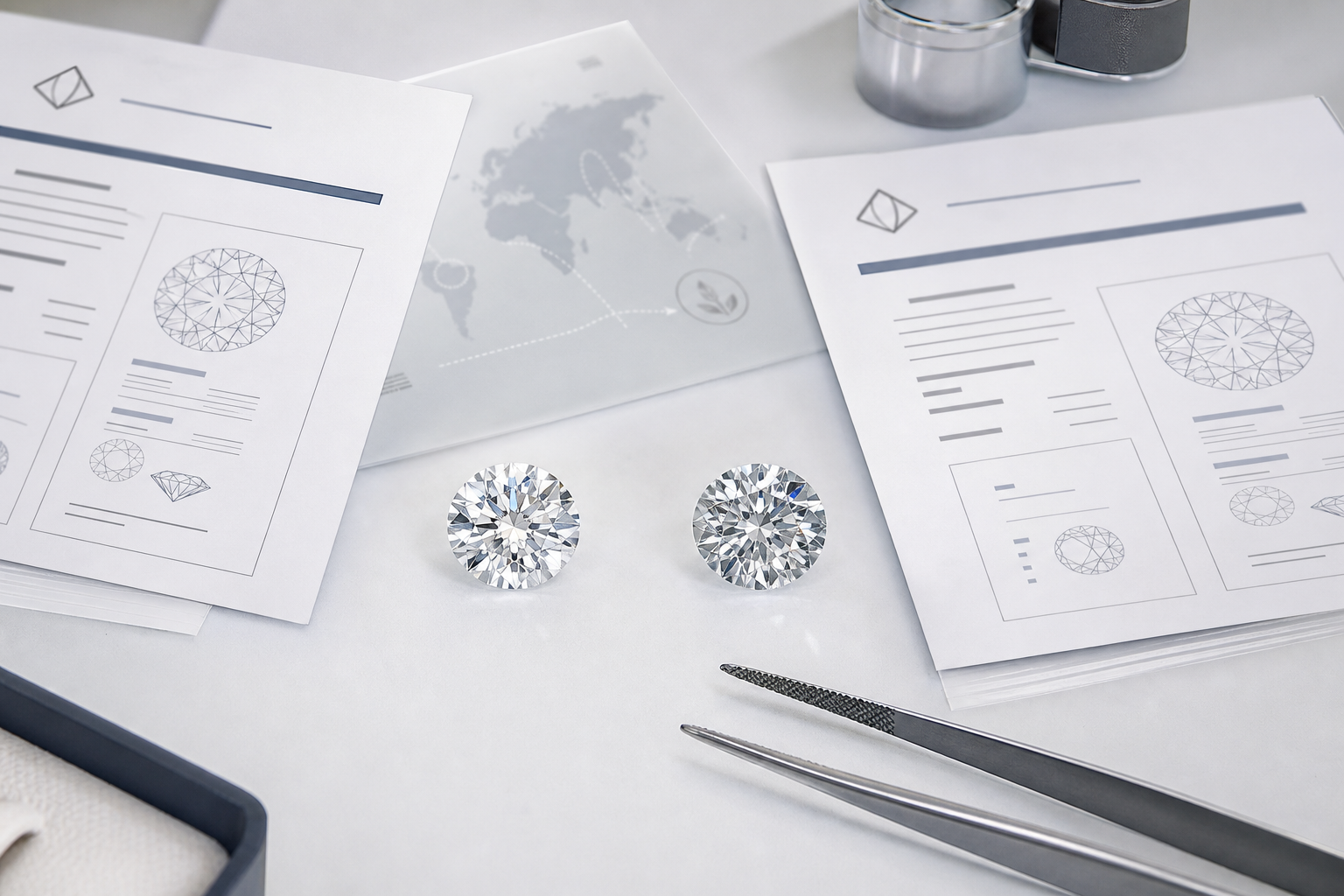 Side-by-side comparison of two loose lab-grown diamonds with similar certificates but different visual brightness and facet pattern
