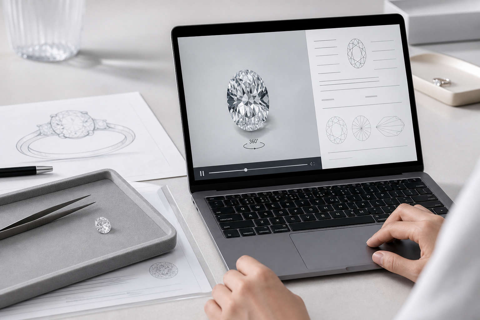 Buyer reviewing a loose oval lab-grown diamond certificate on a laptop alongside a 360-degree diamond video