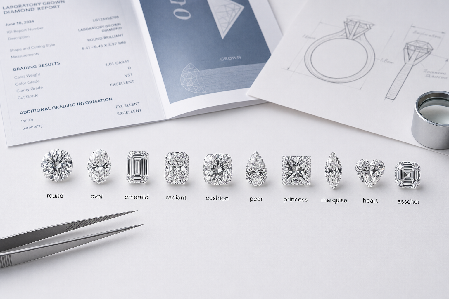 Side-by-side comparison of loose lab-grown diamond shapes showing round, oval, emerald, radiant, cushion, pear, princess, marquise, heart, and asscher outlines with labels