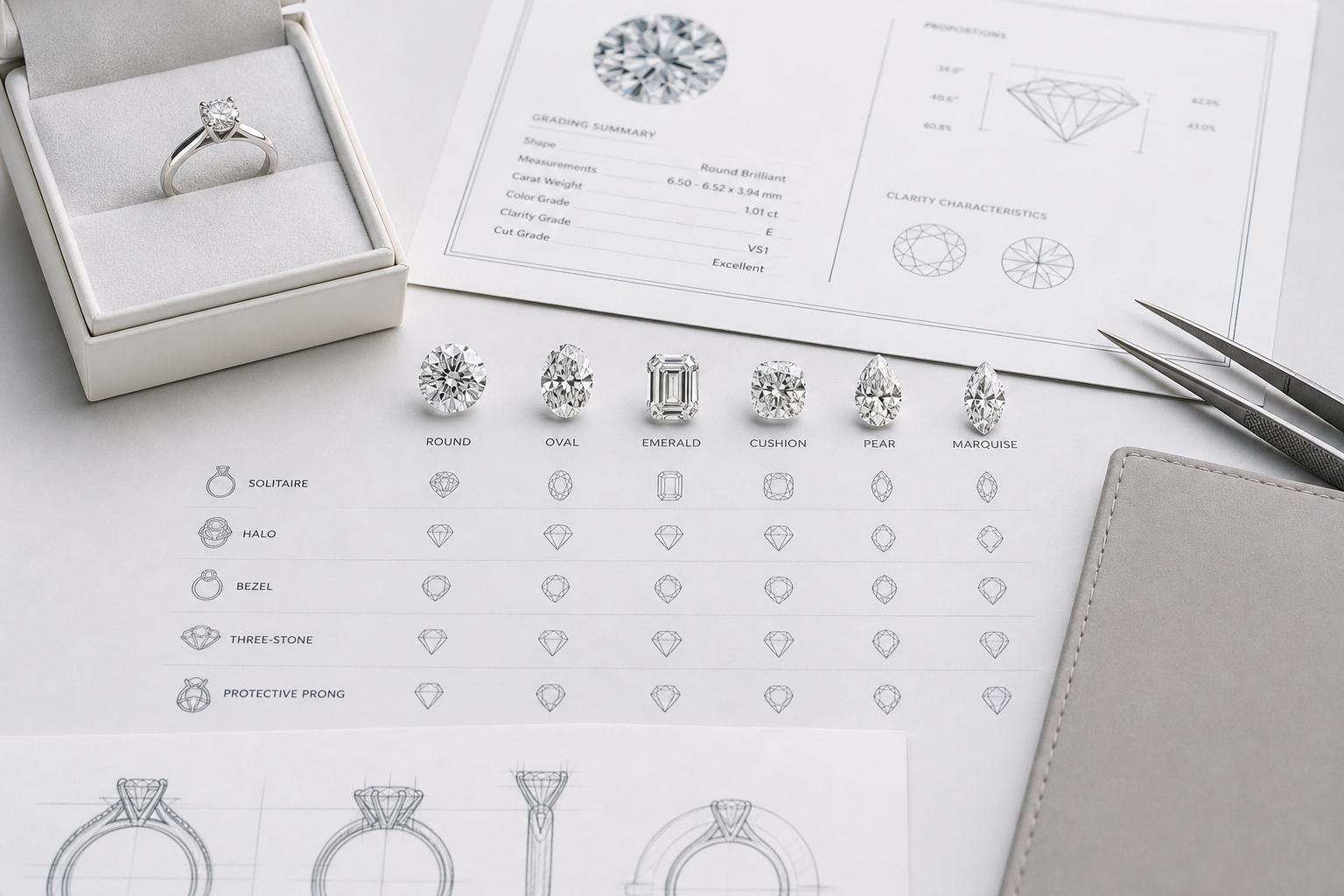Engagement ring setting compatibility chart showing which lab-grown diamond shapes work well with solitaire, halo, bezel, three-stone, and protective prong settings