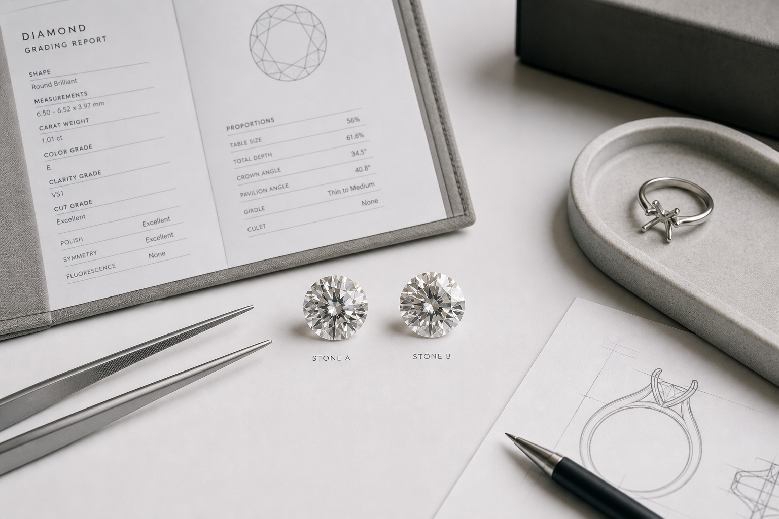 Side-by-side visual comparison of two loose round lab-grown diamonds with similar grading report details but different brightness and contrast patterns