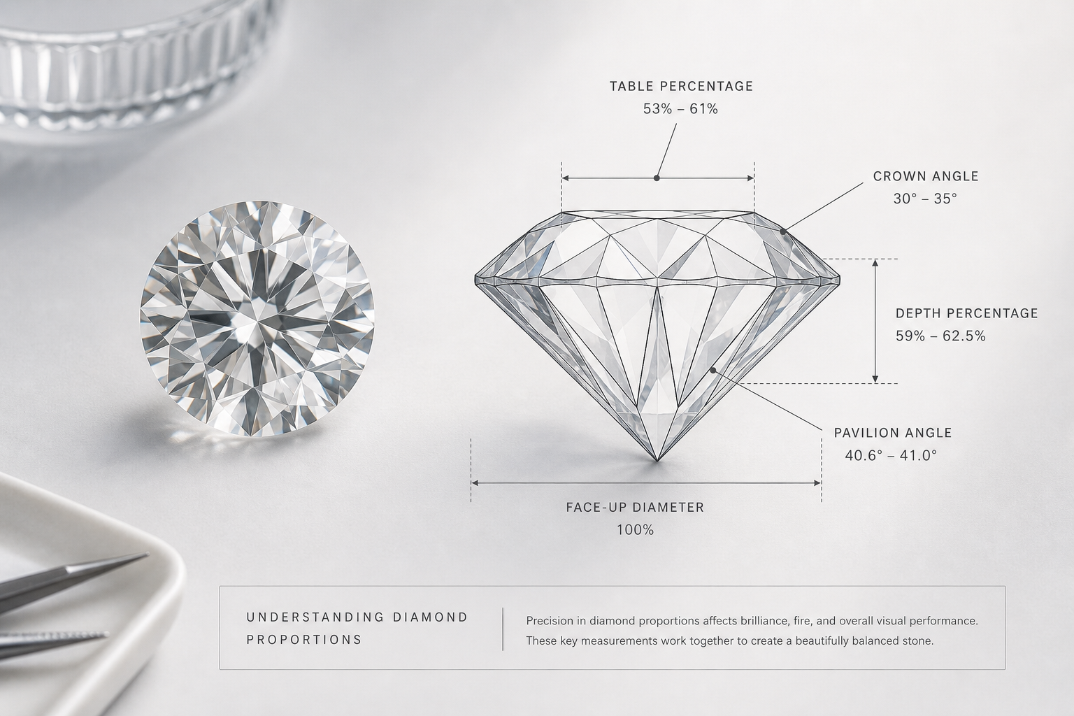 Labeled diagram of a round brilliant lab-grown diamond showing table percentage, depth percentage, crown angle, pavilion angle, and face-up diameter