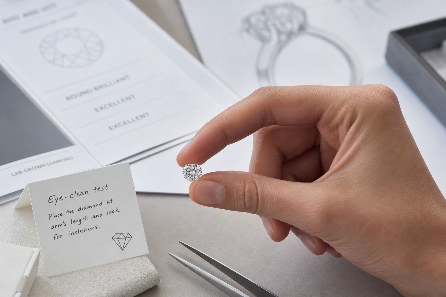 A loose lab-grown diamond being viewed at normal hand distance under soft indoor lighting, with a simple note showing the eye-clean test