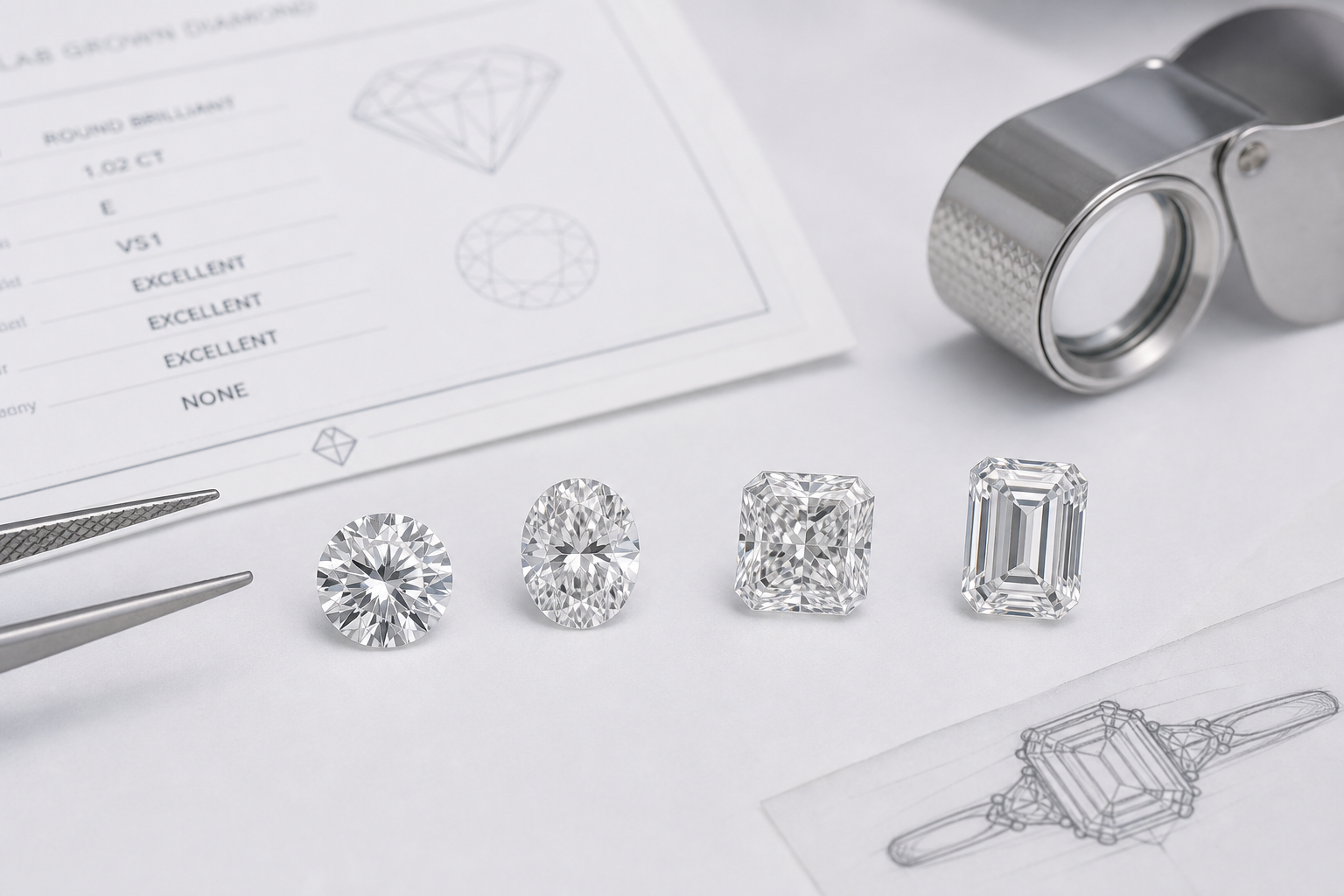 Side-by-side comparison of round, oval, radiant, and emerald lab-grown diamonds showing how shape affects visible clarity