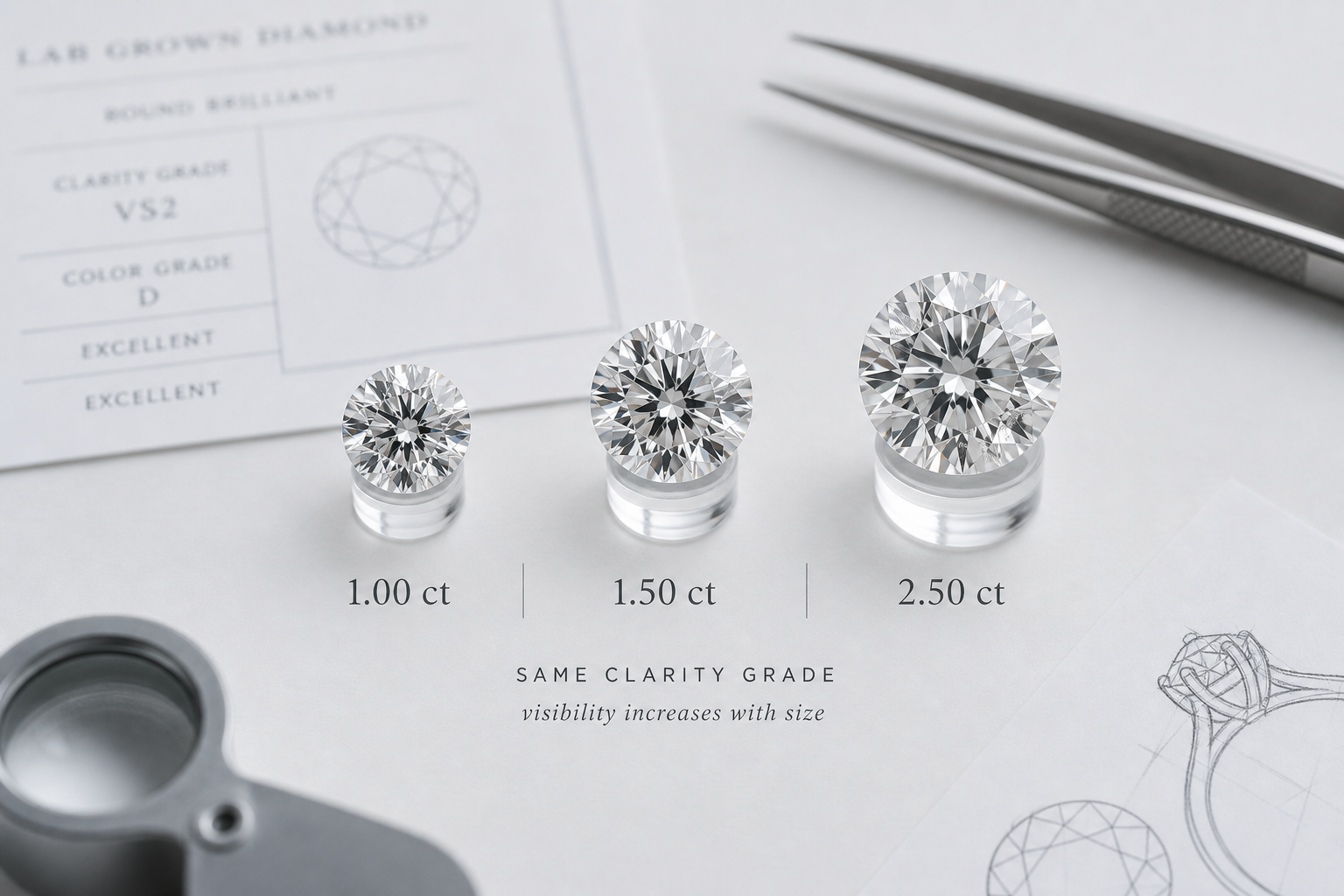 A comparison chart showing the same clarity grade across 1.00 ct, 1.50 ct, and 2.50 ct lab-grown diamonds to illustrate how size changes visible clarity