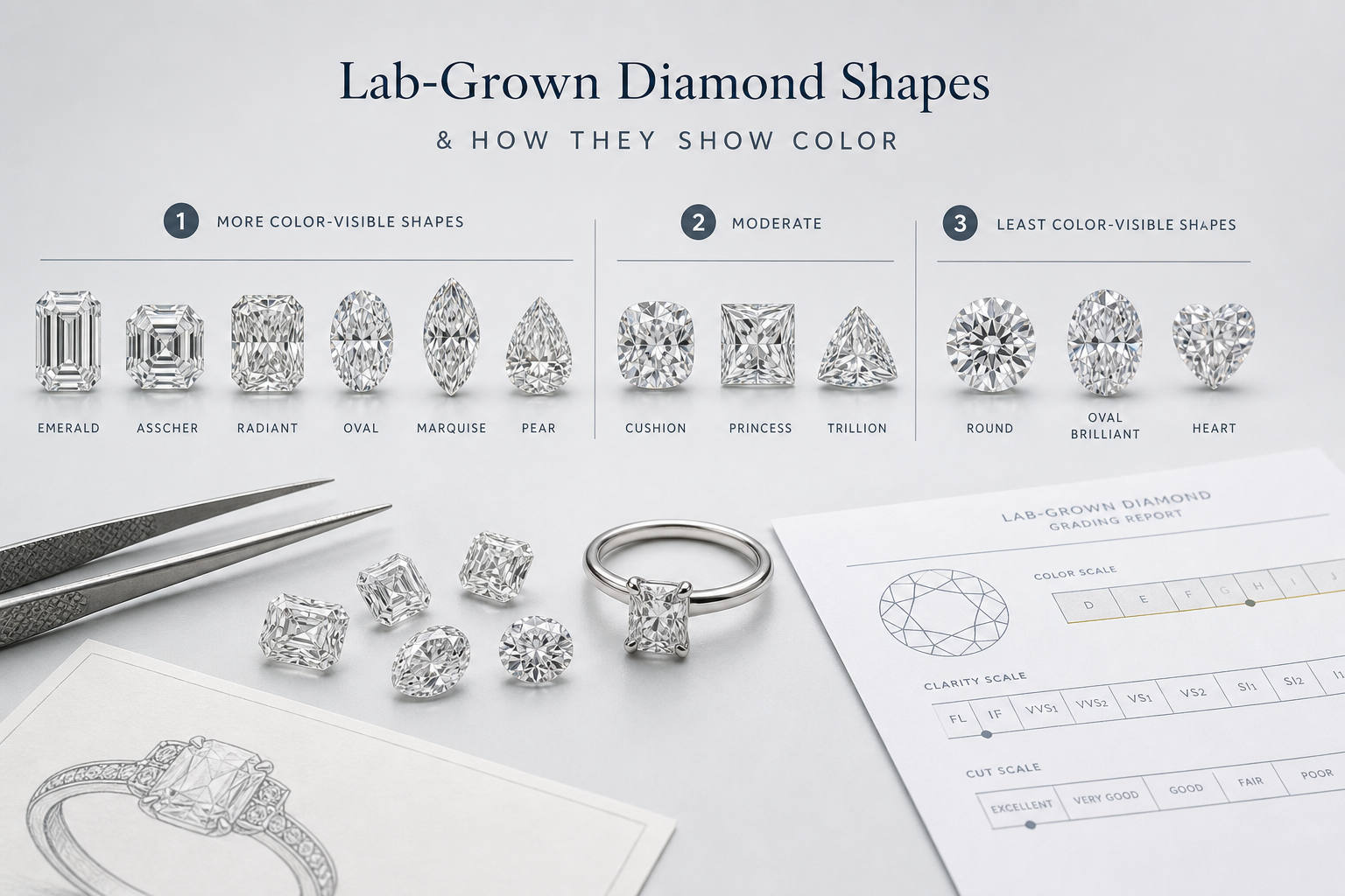 Side-by-side comparison chart showing common lab-grown diamond shapes grouped by how strongly they tend to reveal color