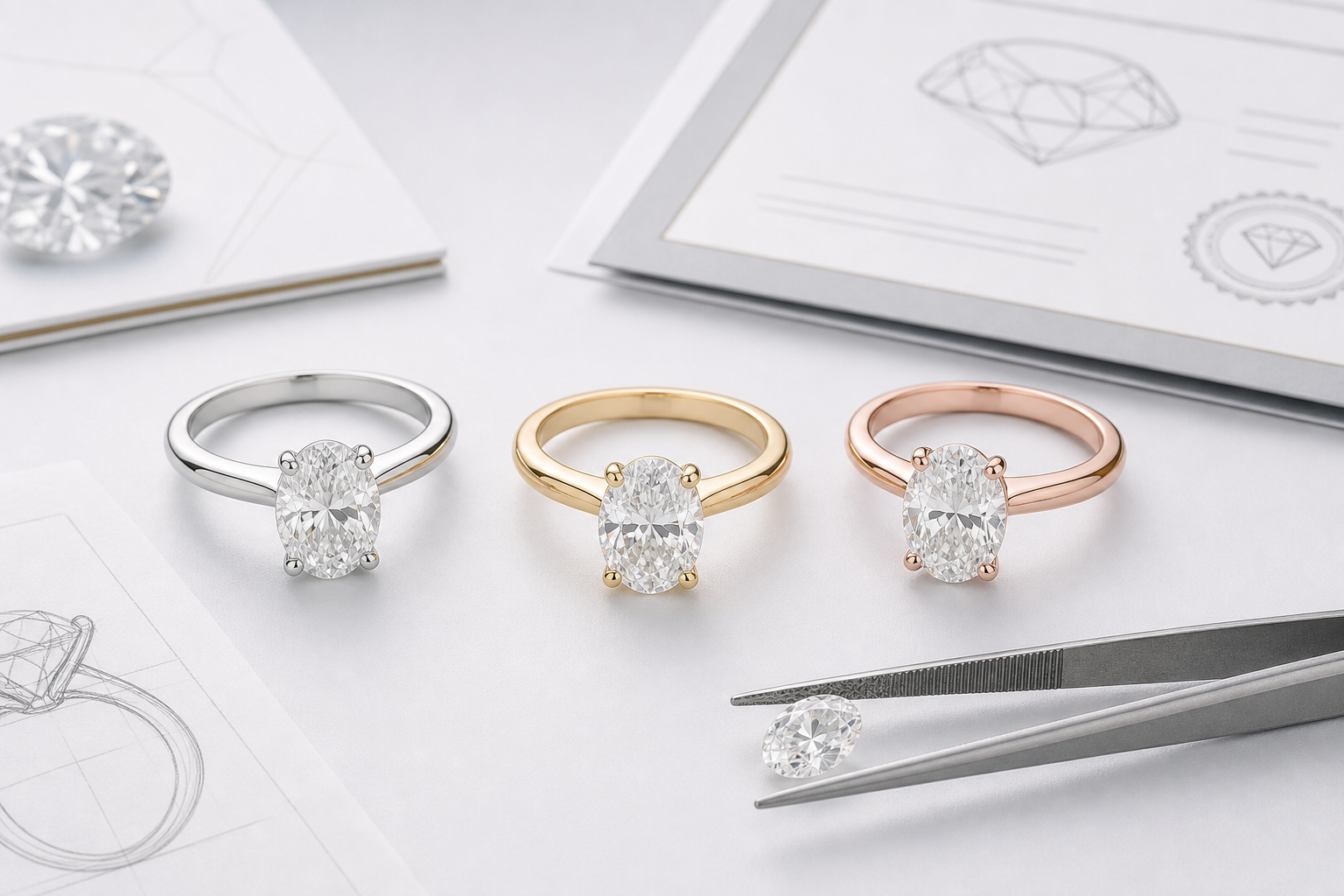 Three engagement ring settings showing the same diamond color range in platinum, yellow gold, and rose gold contexts